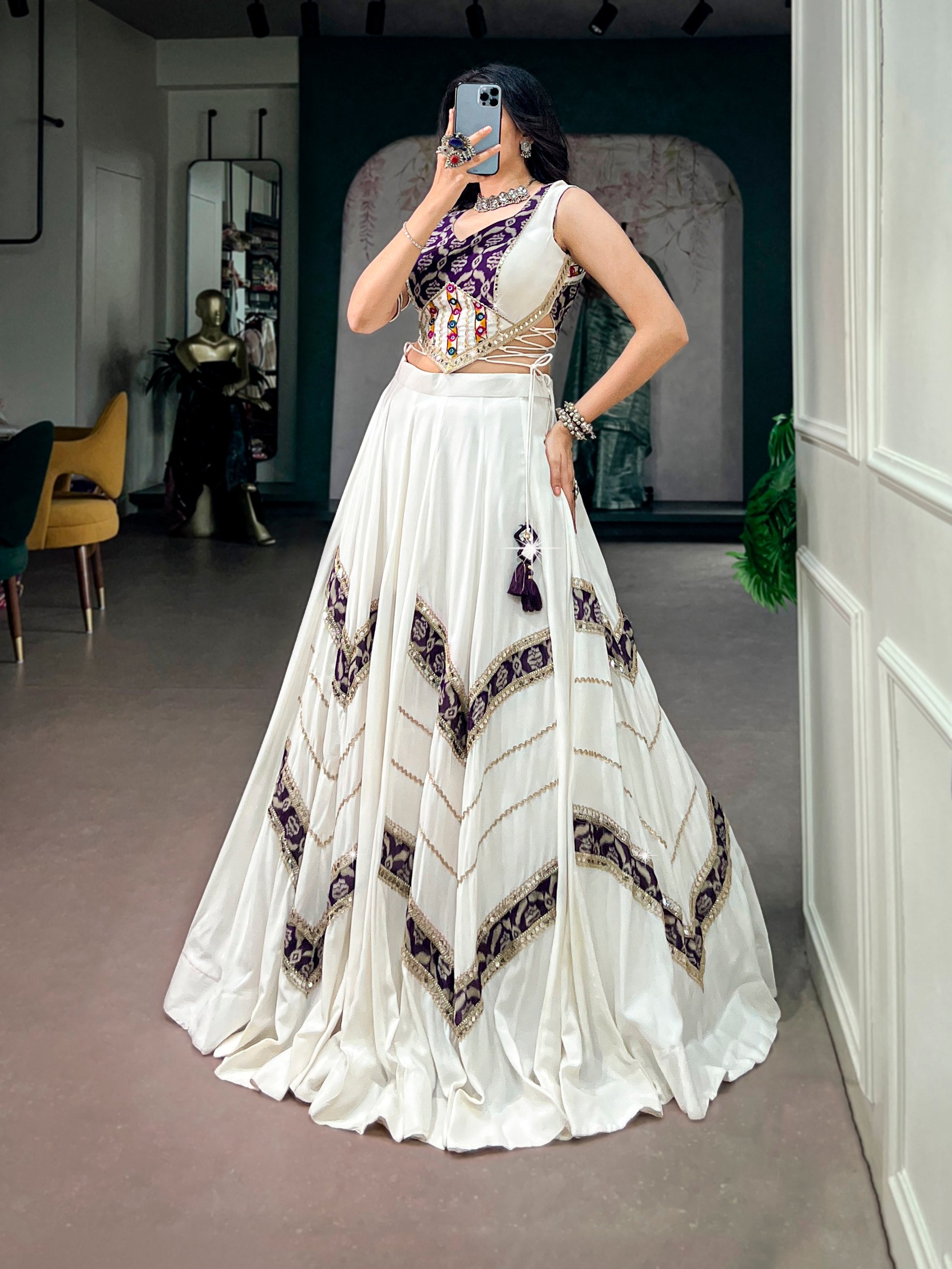 White Pure Rayon Navratri Lehenga Choli with Purple Gamthi Mirror Blouse | 6 Meter Flair
