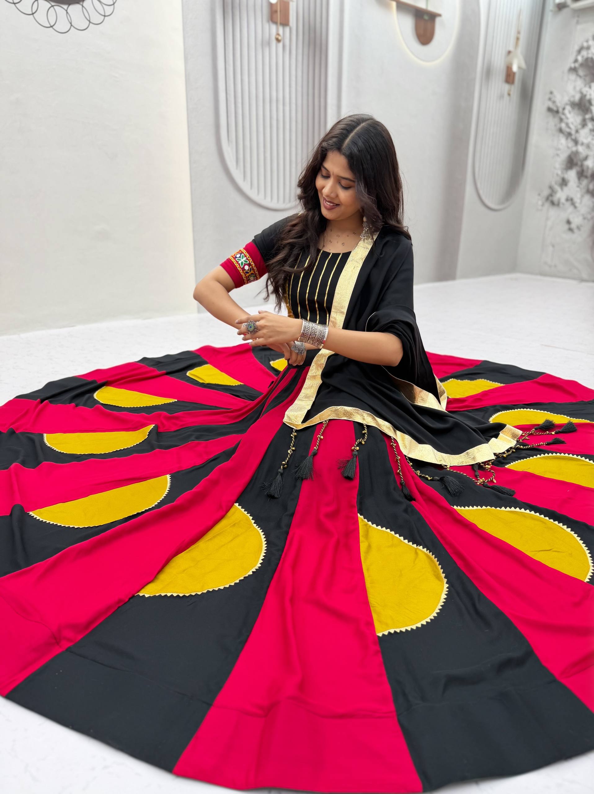 Black & Magenta Gamthi Work Cotton Lehenga Choli with Mustard Details