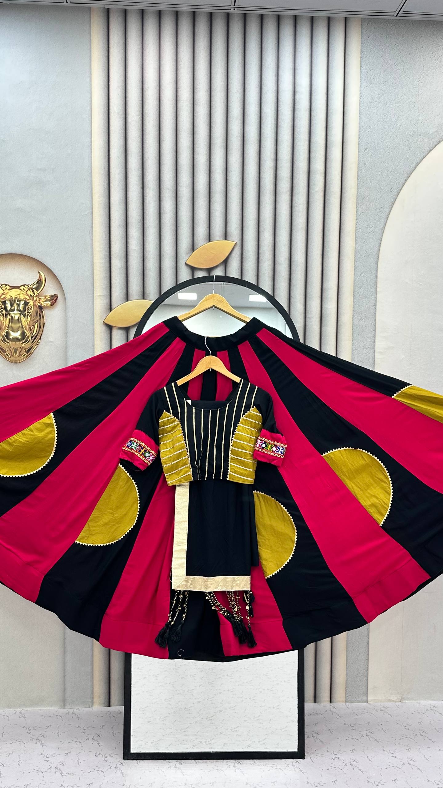 Black & Magenta Gamthi Work Cotton Lehenga Choli with Mustard Details