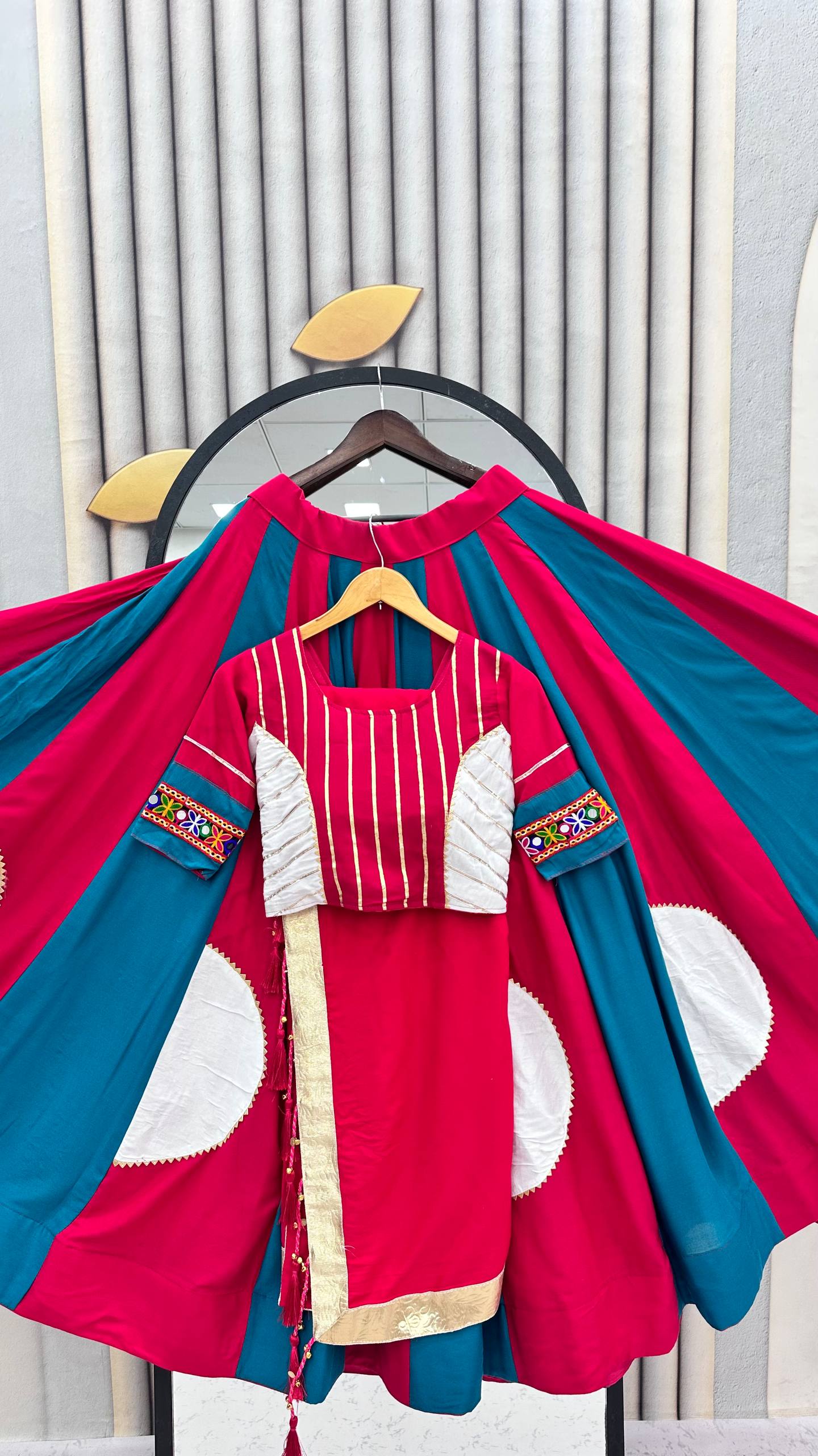 Red & Teal Gamthi Work Cotton Lehenga Choli with 6 Meter Flair