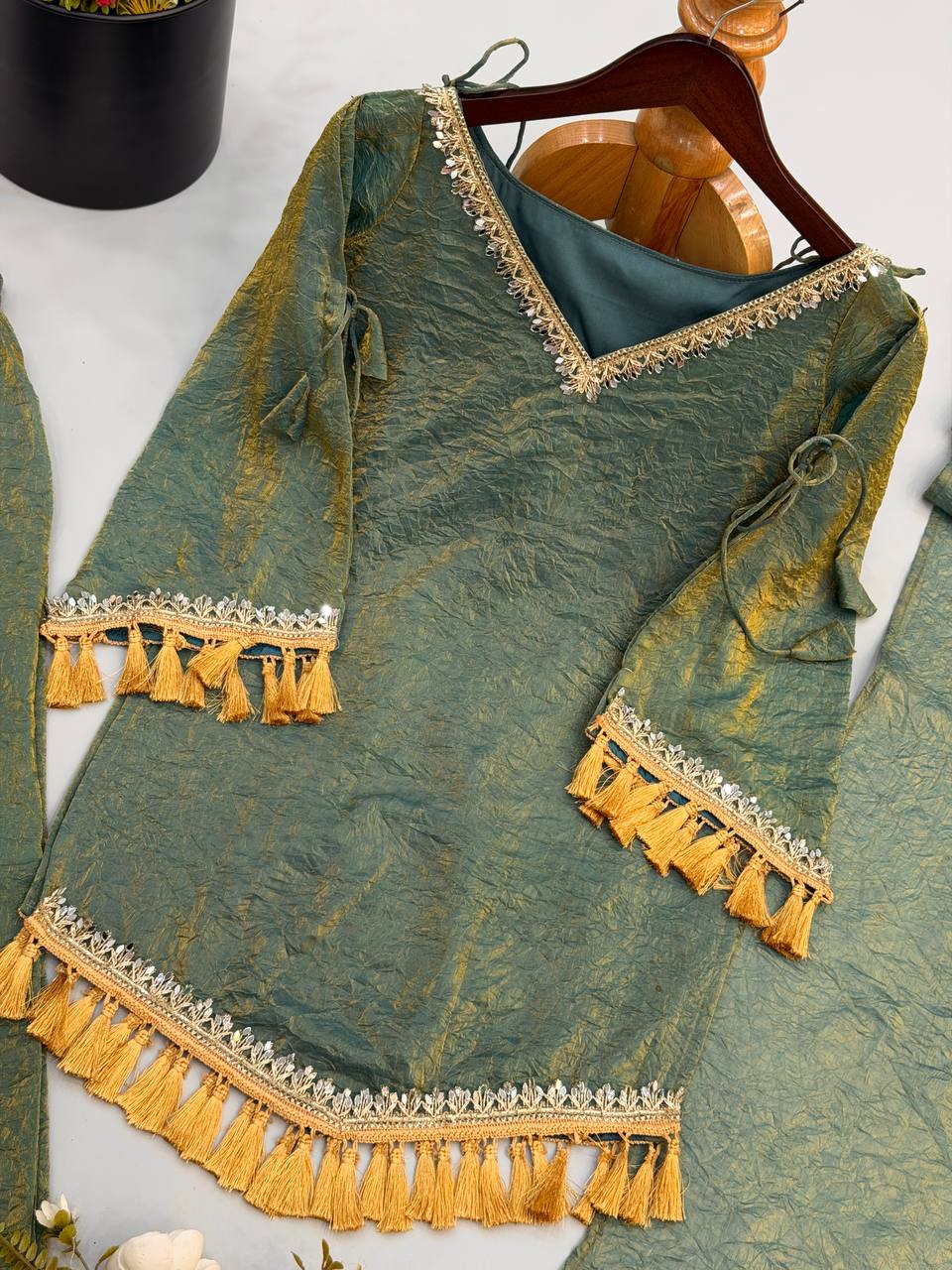 Olive Sage Green Doremon Crush Designer Plazzo Suit with Mirror Lace & Tassels