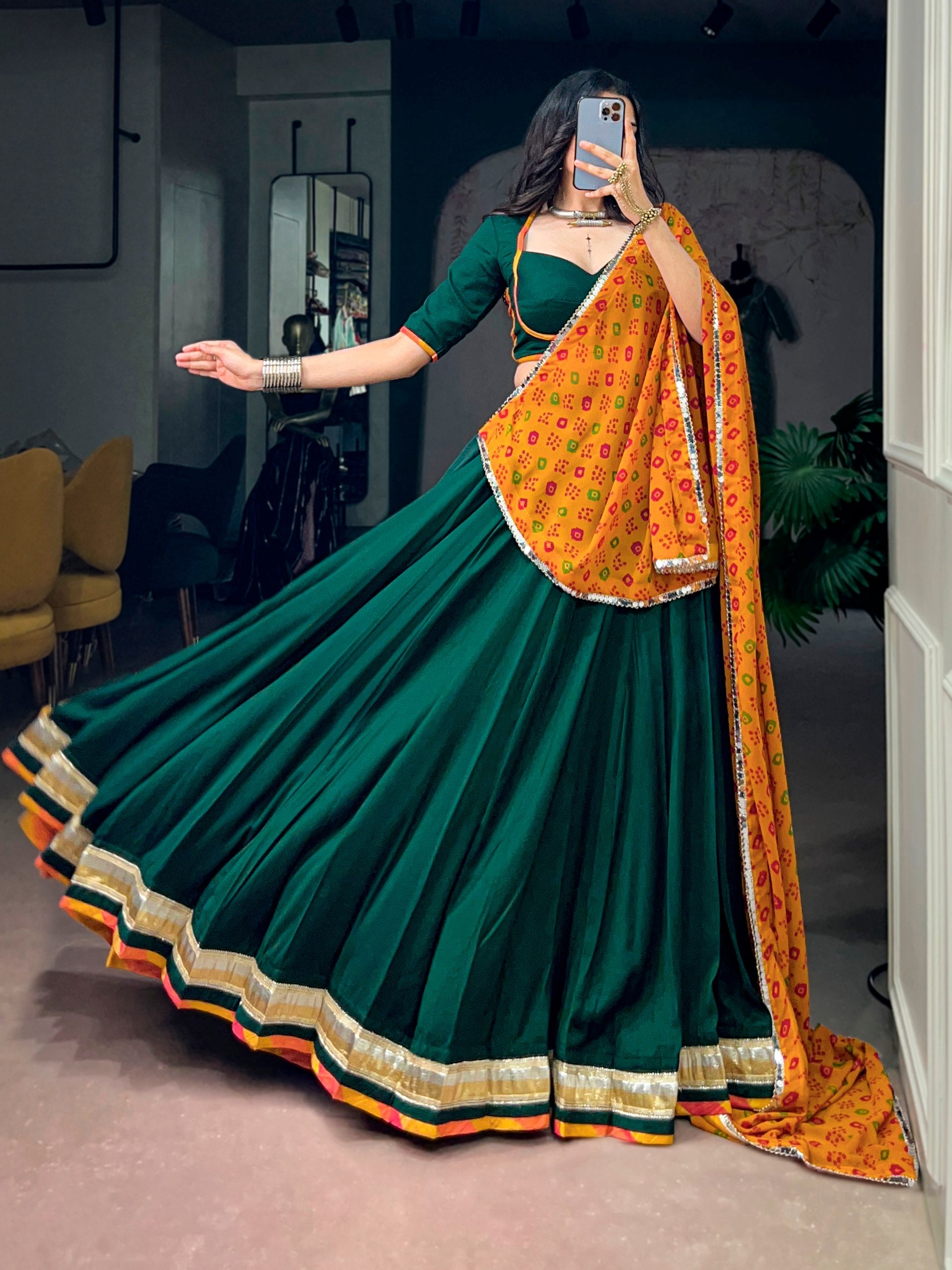 Bottle Green Chinon Navratri Lehenga Choli with Mustard Bandhani Dupatta | 8 Meter Flair