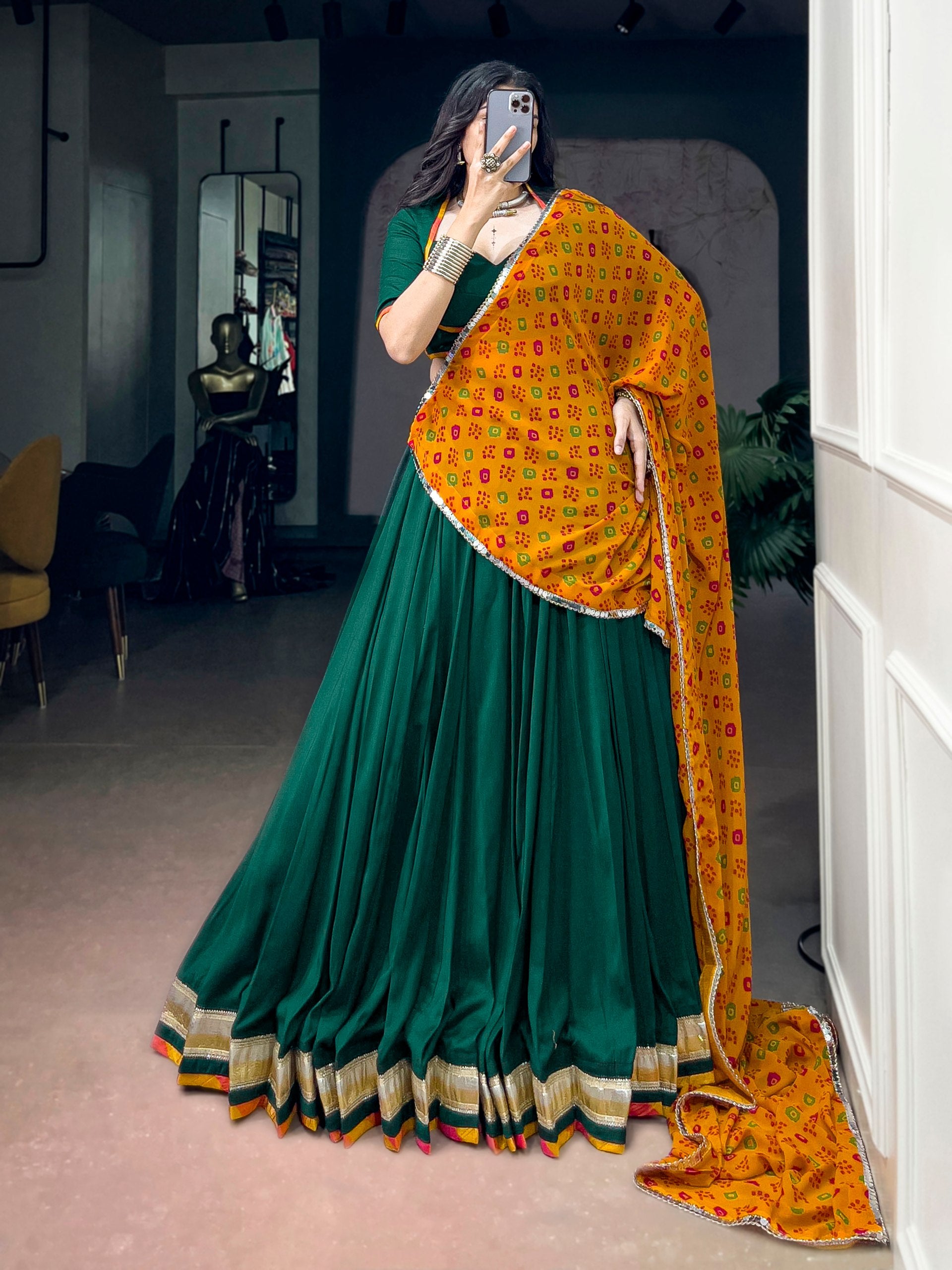 Bottle Green Chinon Navratri Lehenga Choli with Mustard Bandhani Dupatta | 8 Meter Flair