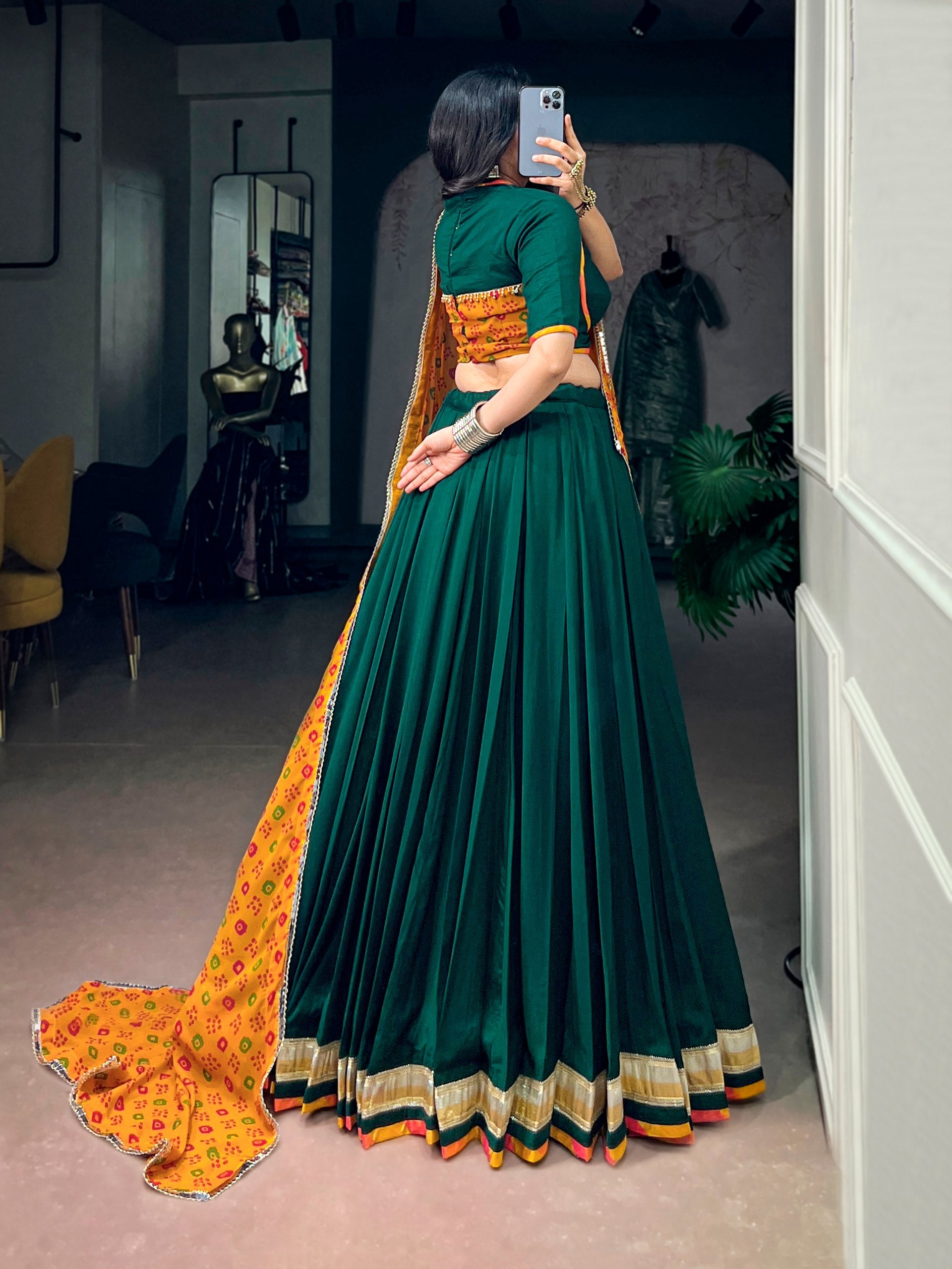 Bottle Green Chinon Navratri Lehenga Choli with Mustard Bandhani Dupatta | 8 Meter Flair