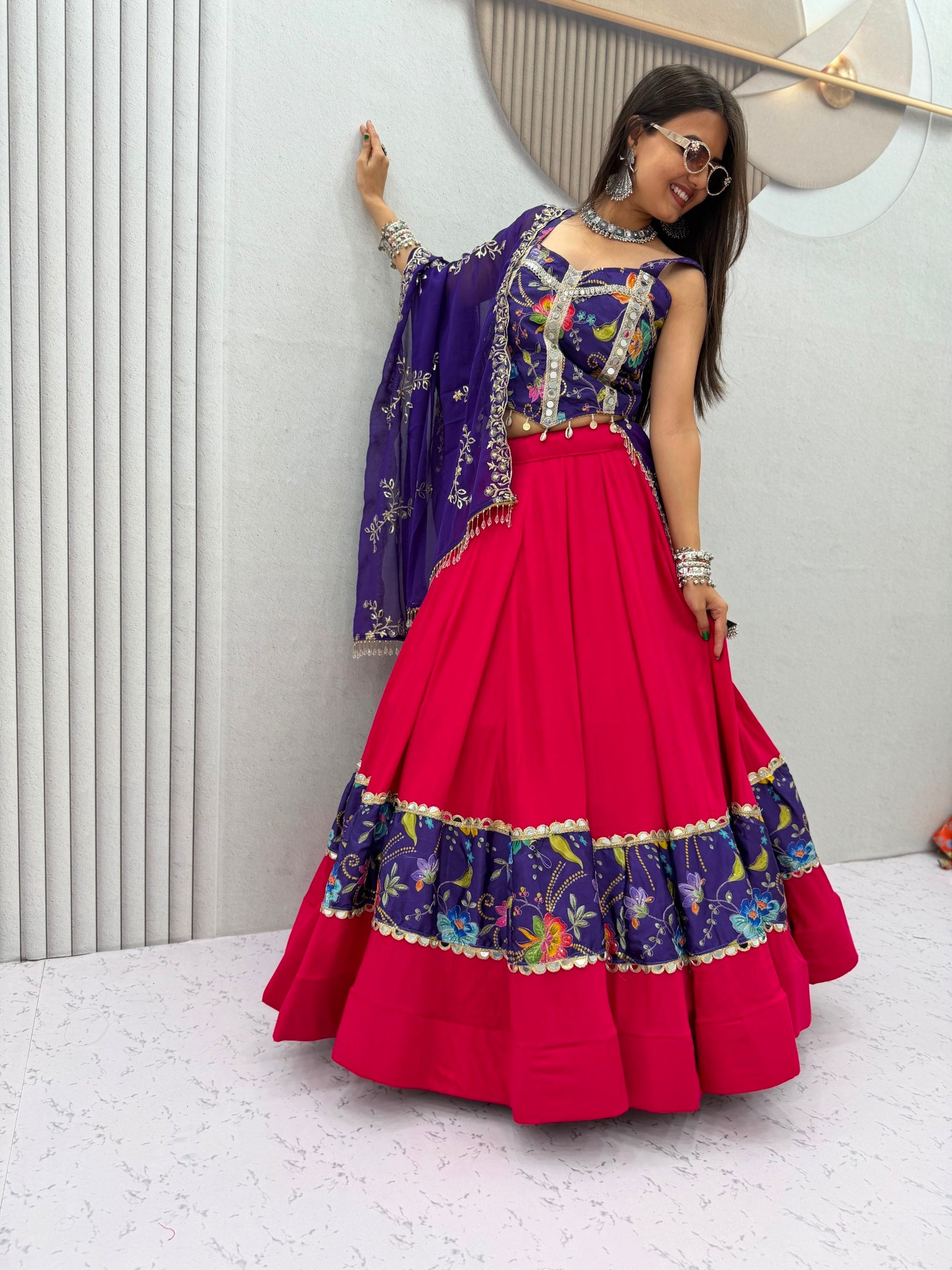 Hot Pink & Royal Purple Navratri Lehenga Choli Set with Mirror Work & Embroidered Dupatta