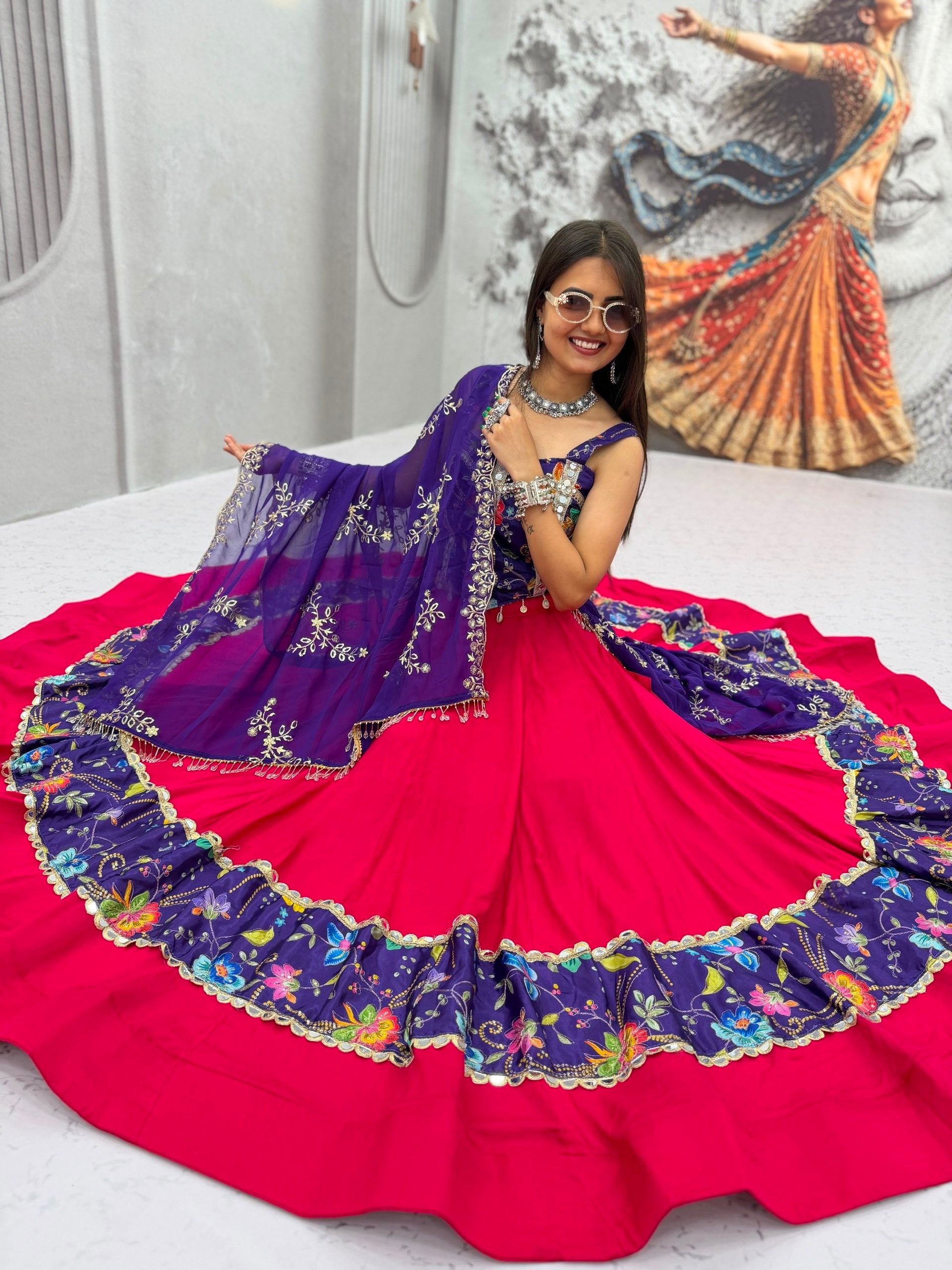 Hot Pink & Royal Purple Navratri Lehenga Choli Set with Mirror Work & Embroidered Dupatta