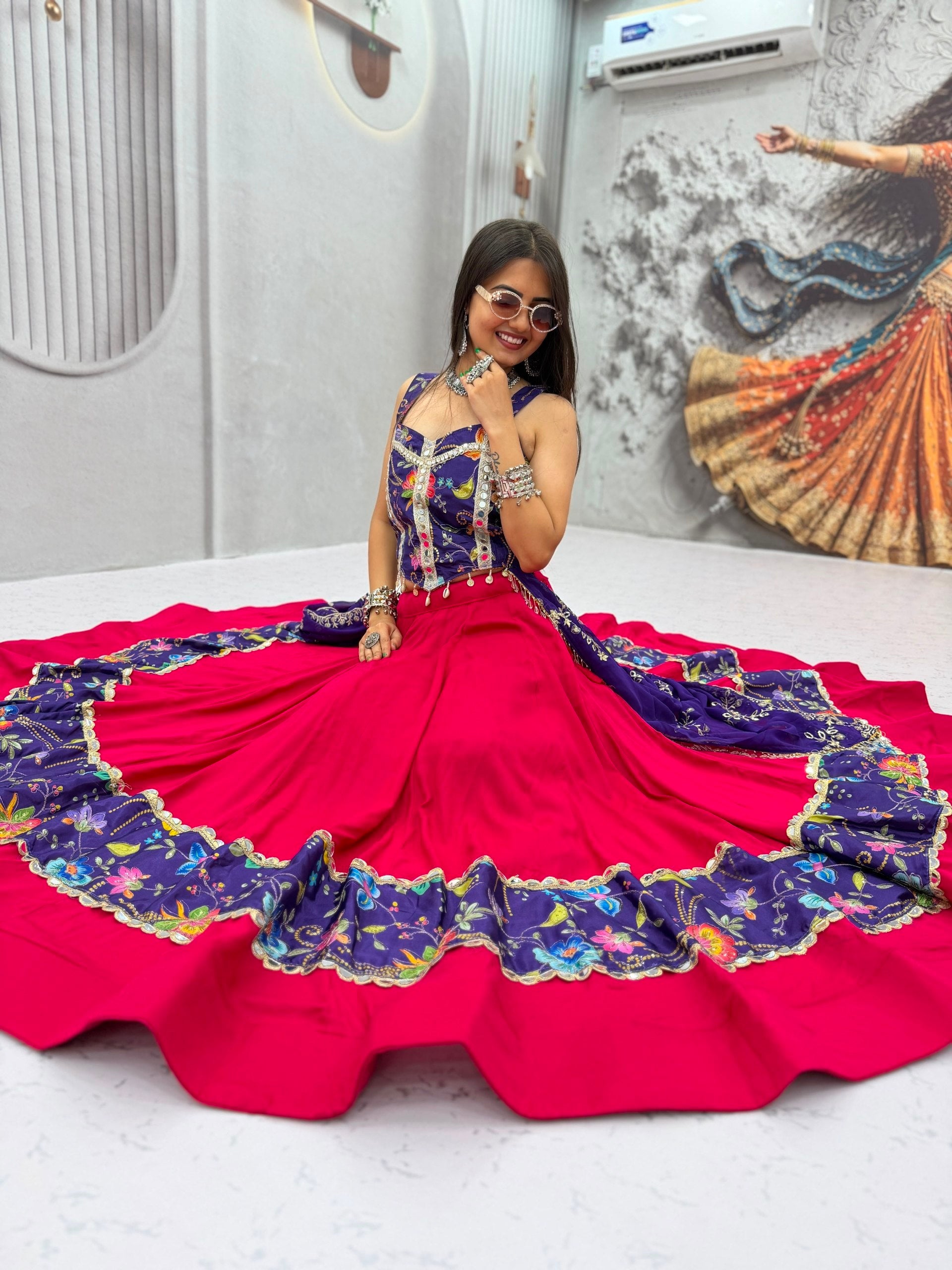 Hot Pink & Royal Purple Navratri Lehenga Choli Set with Mirror Work & Embroidered Dupatta