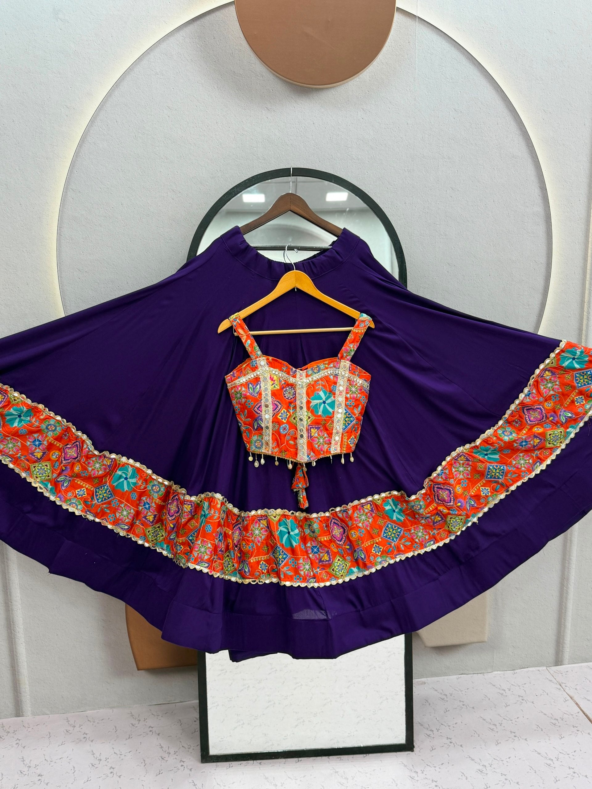 Royal Purple Cotton Navratri Lehenga Choli Set with Multicolor Mirror Work & Embroidered Dupatta