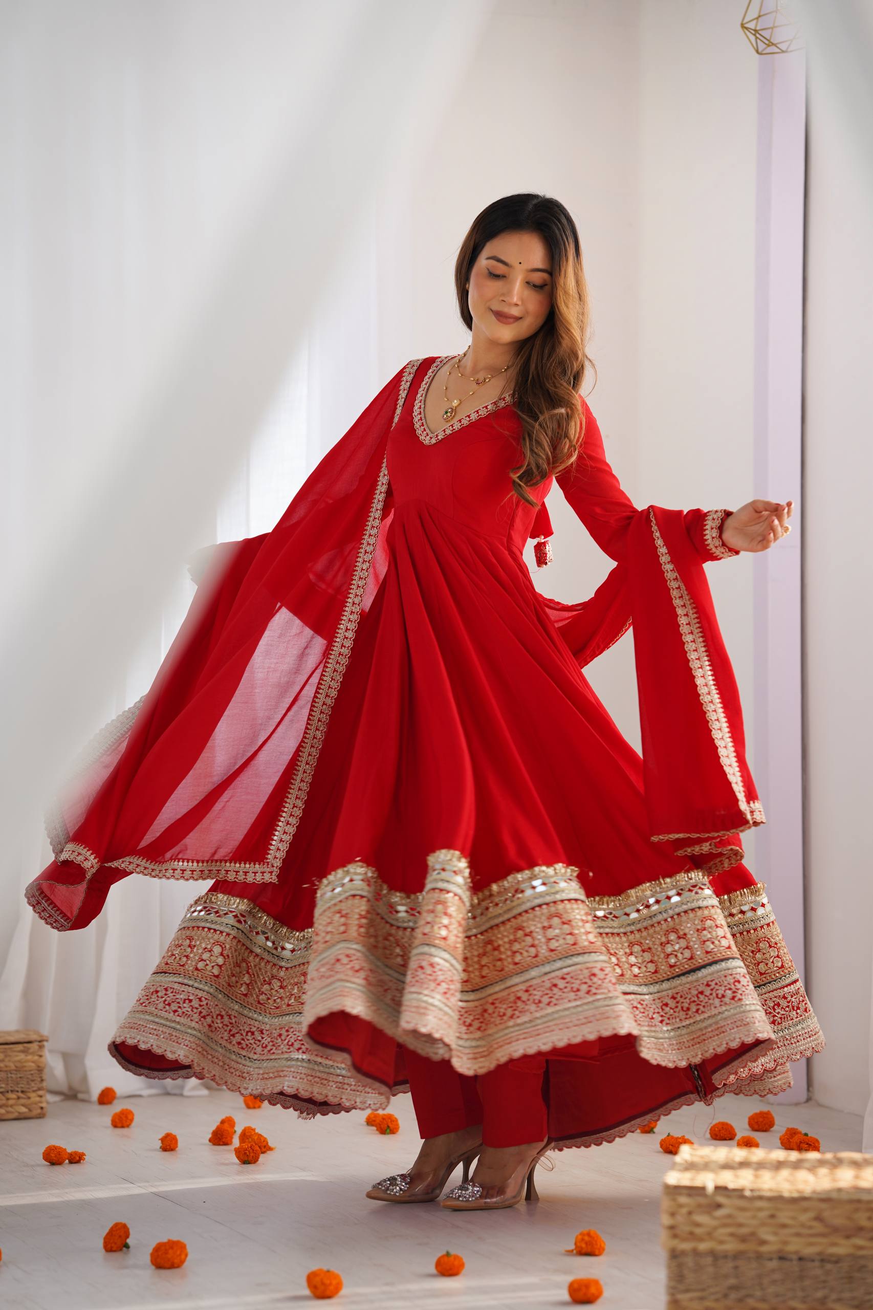 Ruby Red Blooming Vichitra Silk Embroidered Anarkali Suit Set with Mirror Work Dupatta