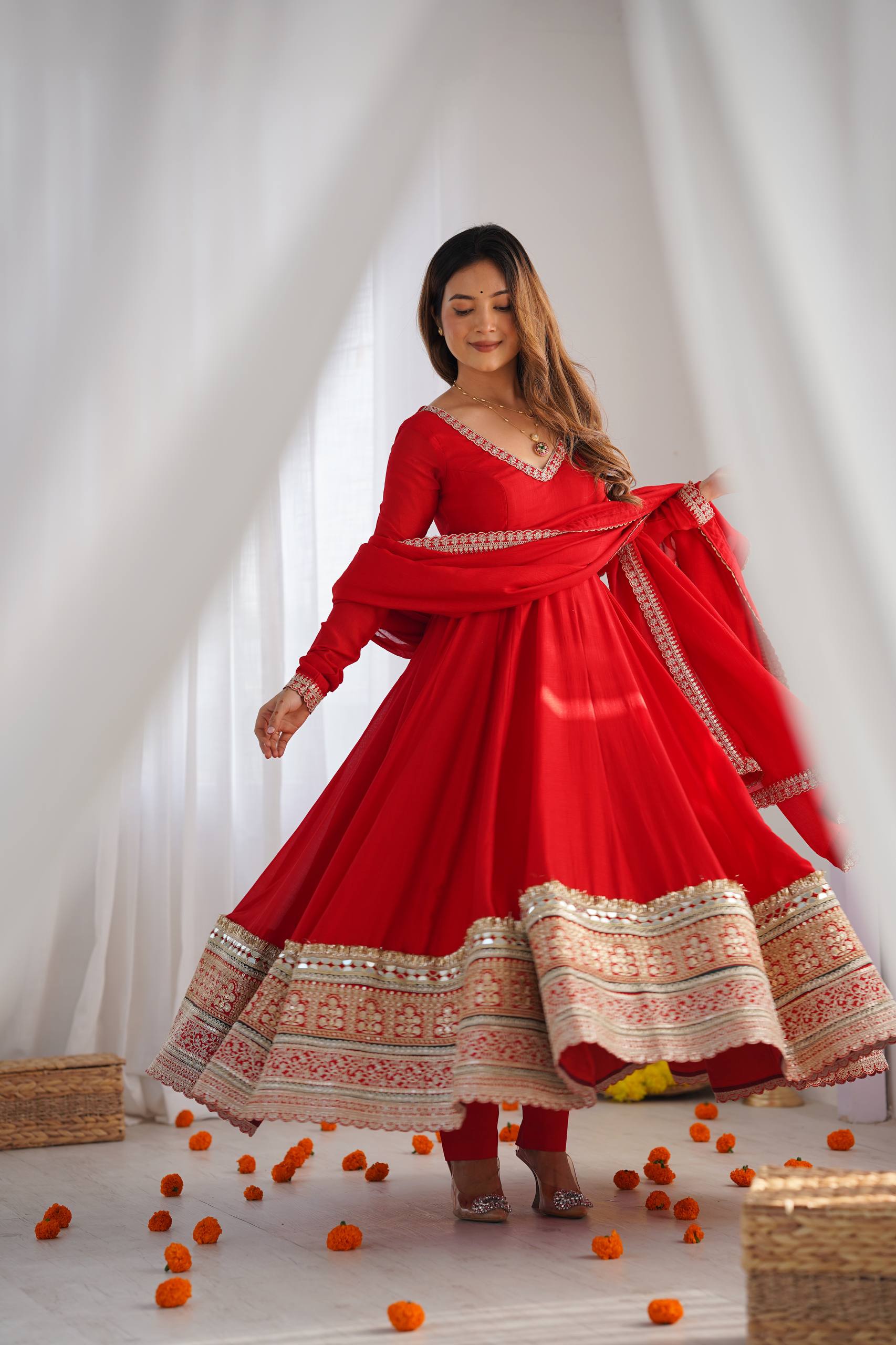 Ruby Red Blooming Vichitra Silk Embroidered Anarkali Suit Set with Mirror Work Dupatta