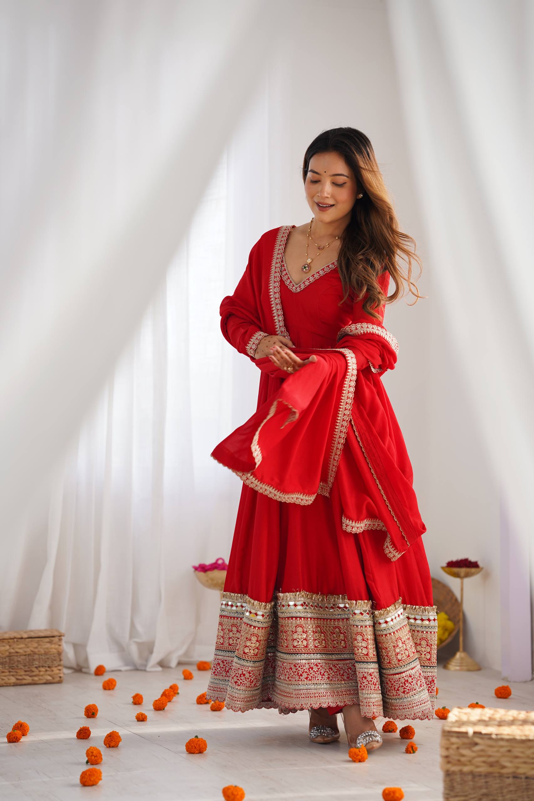 Ruby Red Blooming Vichitra Silk Embroidered Anarkali Suit Set with Mirror Work Dupatta