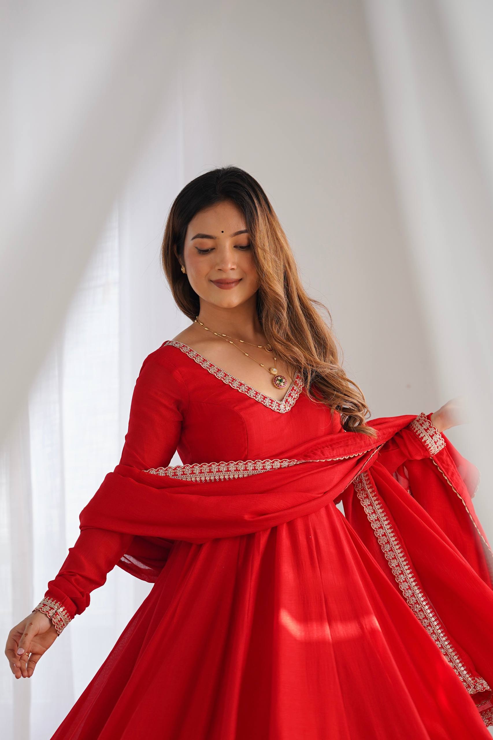 Ruby Red Blooming Vichitra Silk Embroidered Anarkali Suit Set with Mirror Work Dupatta