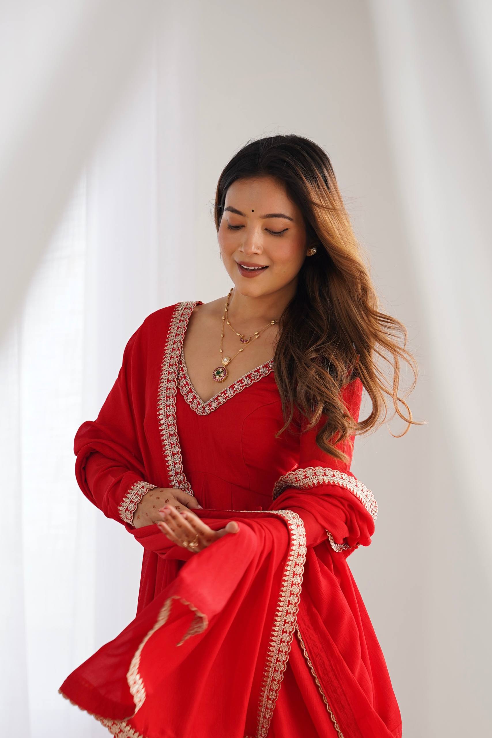 Ruby Red Blooming Vichitra Silk Embroidered Anarkali Suit Set with Mirror Work Dupatta