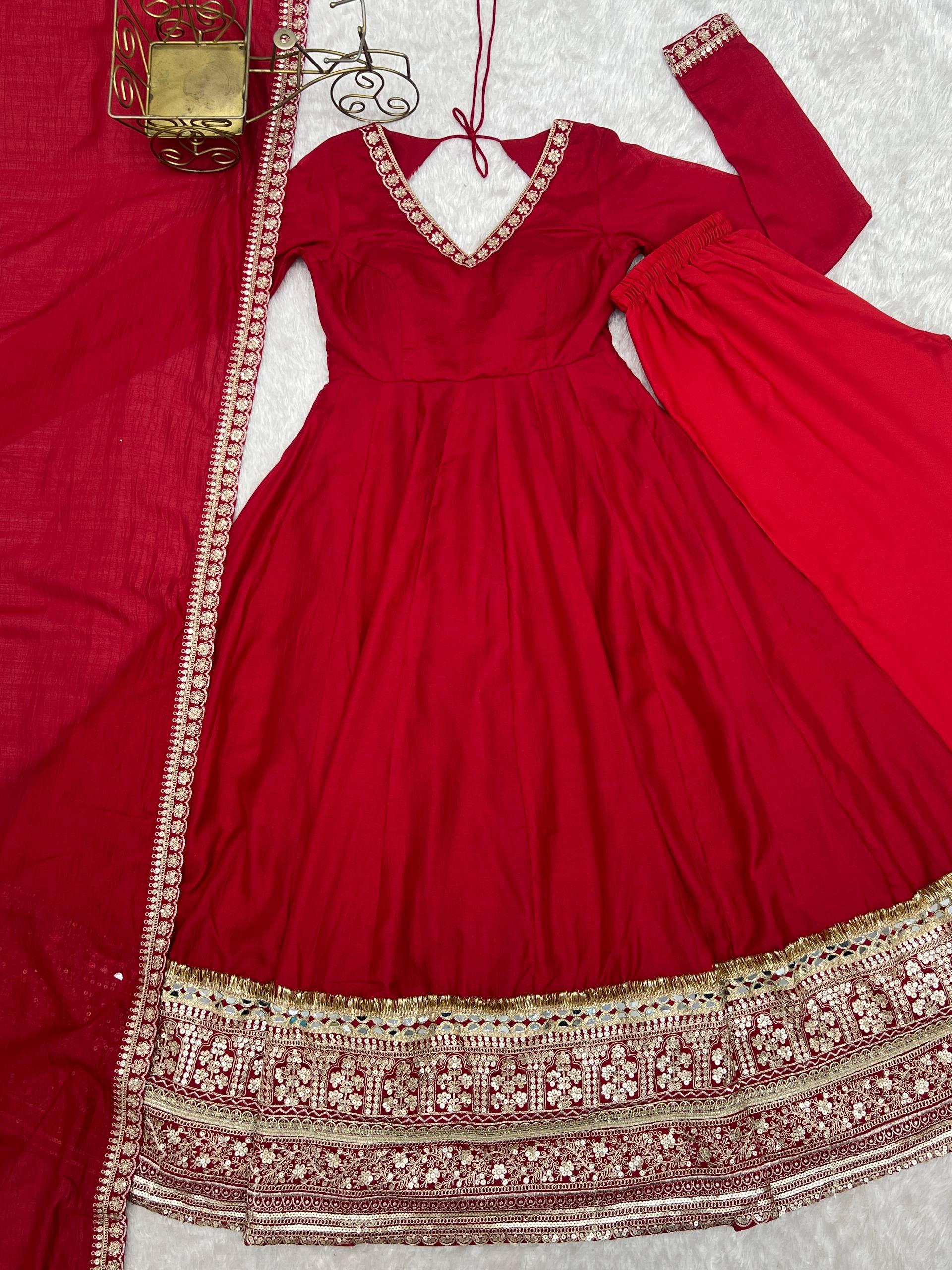 Ruby Red Blooming Vichitra Silk Embroidered Anarkali Suit Set with Mirror Work Dupatta