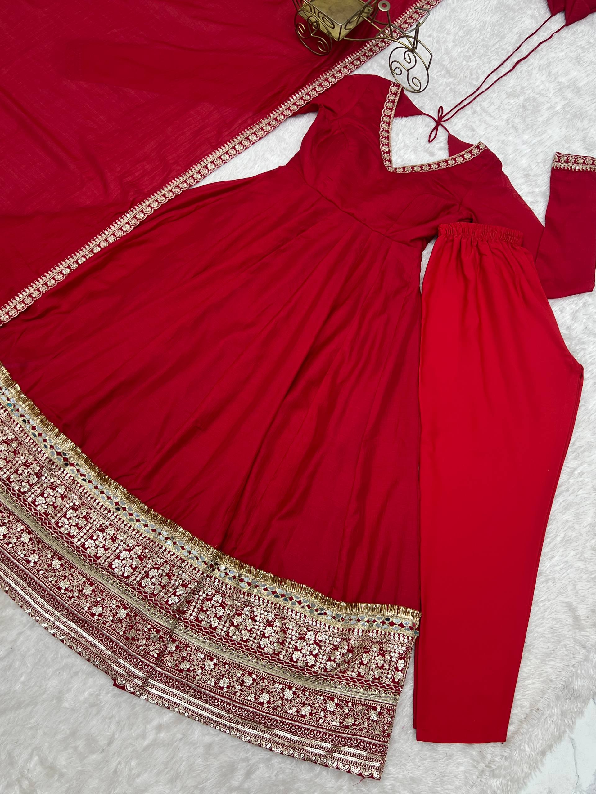 Ruby Red Blooming Vichitra Silk Embroidered Anarkali Suit Set with Mirror Work Dupatta