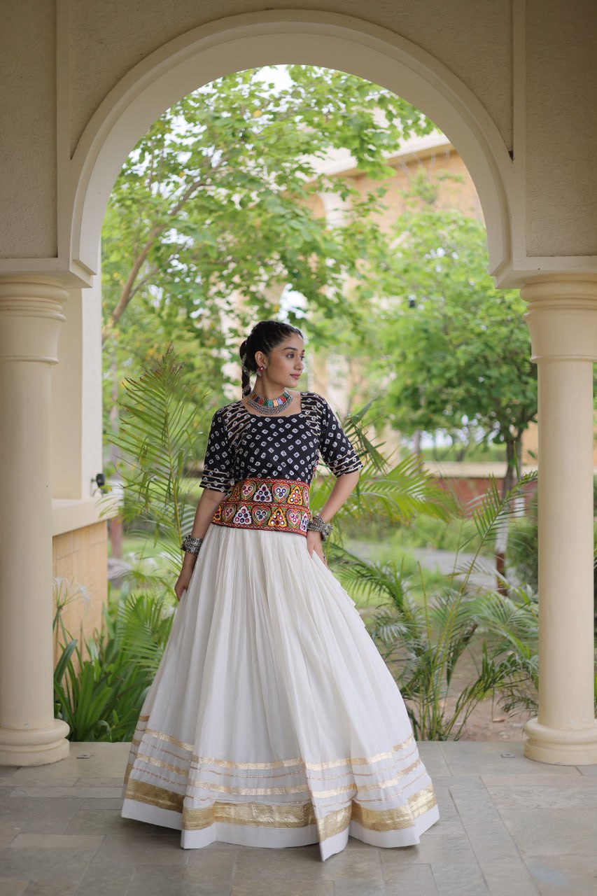 Black Gamthi Bandhej Cotton Blouse with Gota Patti Cora Cotton Lehenga
