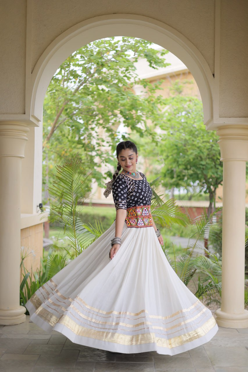 Black Gamthi Bandhej Cotton Blouse with Gota Patti Cora Cotton Lehenga