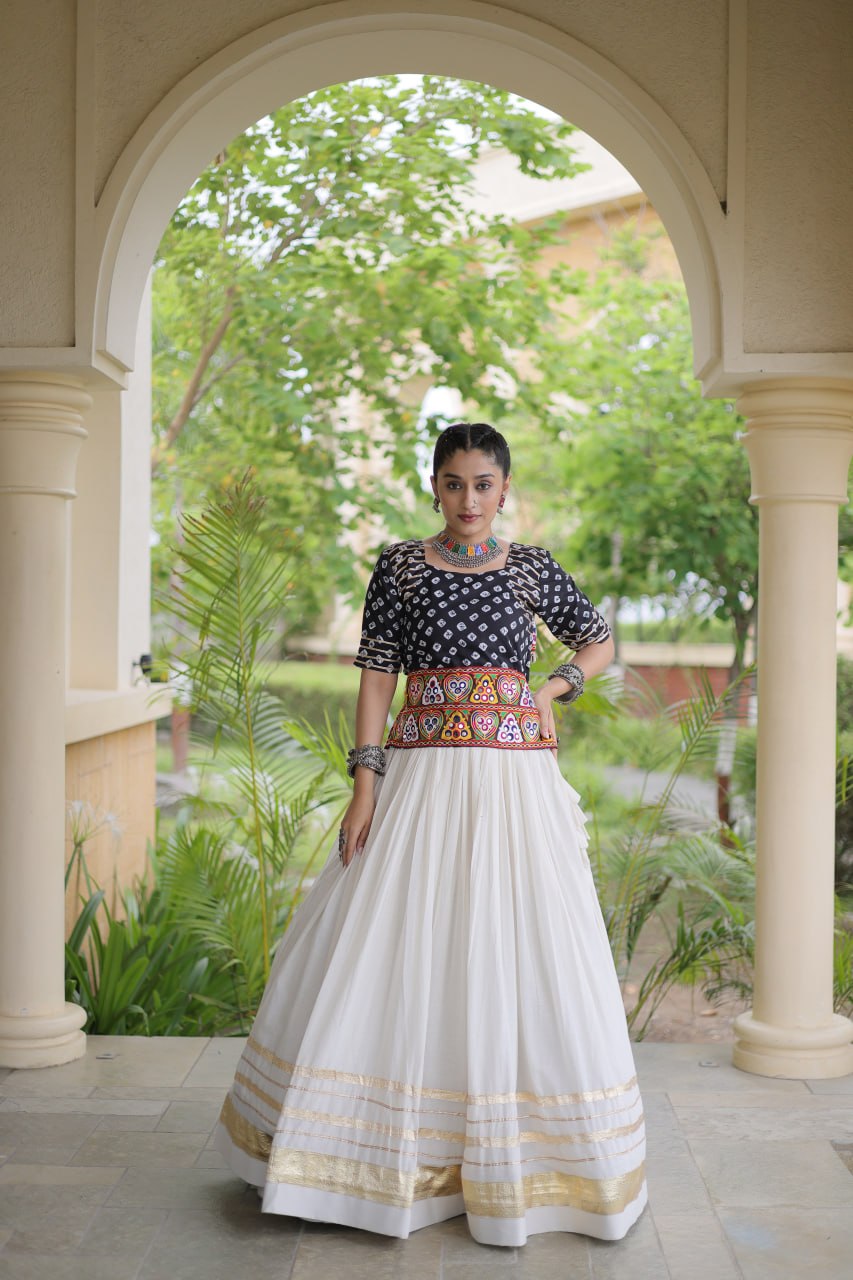 Black Gamthi Bandhej Cotton Blouse with Gota Patti Cora Cotton Lehenga