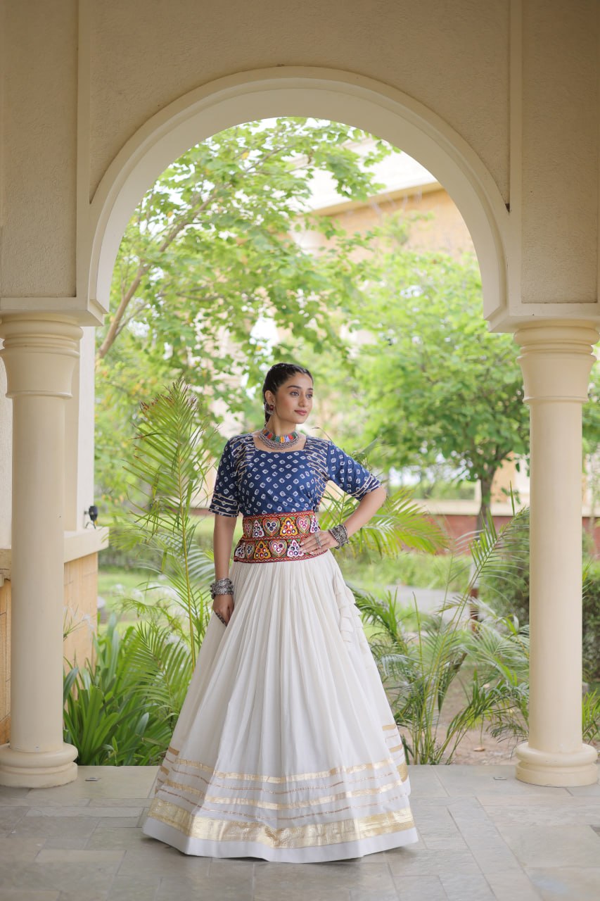 Blue Gamthi Bandhej Cotton Blouse with Gota Patti Cora Cotton Lehenga – Navratri 2026