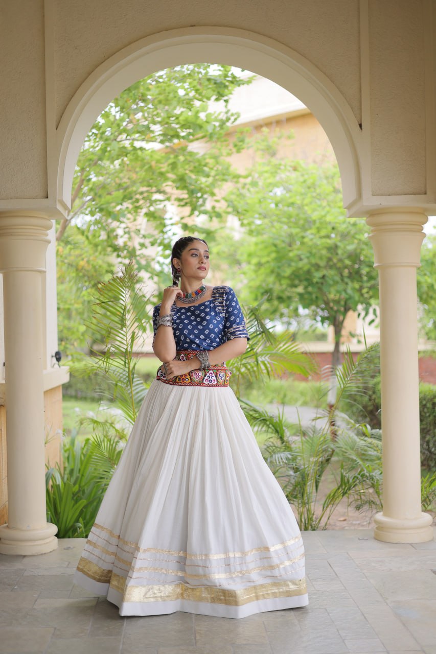 Blue Gamthi Bandhej Cotton Blouse with Gota Patti Cora Cotton Lehenga – Navratri 2026