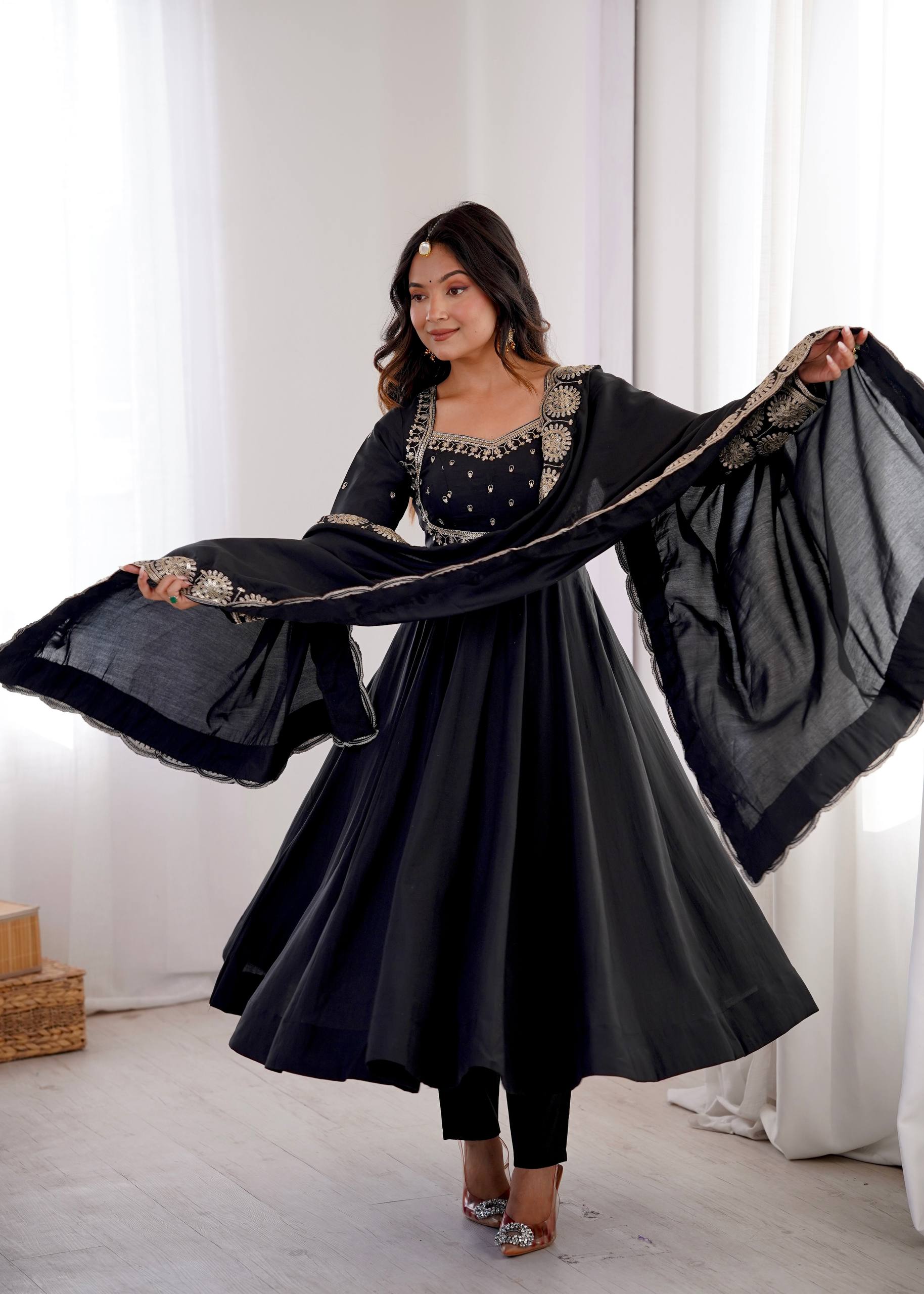 Midnight Black Roman Silk Embroidered Anarkali Suit Set with Chanderi Dupatta