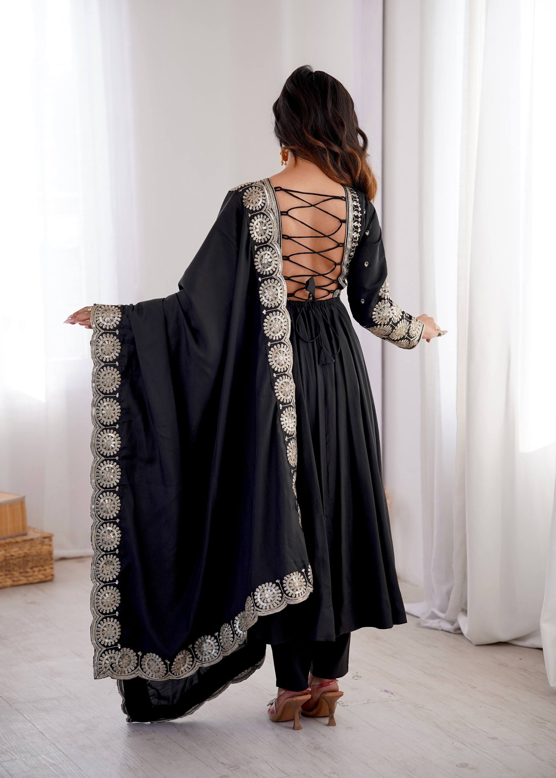 Midnight Black Roman Silk Embroidered Anarkali Suit Set with Chanderi Dupatta