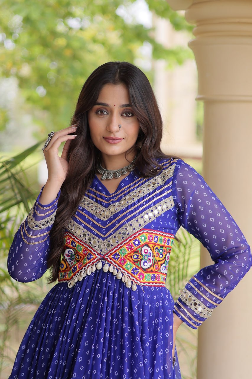 Royal Blue Kutchi Patchwork Laheriya Print Gown | 12 Meter Flair | Navratri 2026