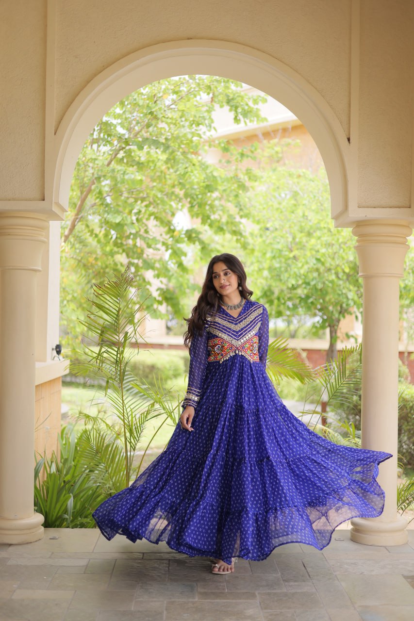 Royal Blue Kutchi Patchwork Laheriya Print Gown | 12 Meter Flair | Navratri 2026