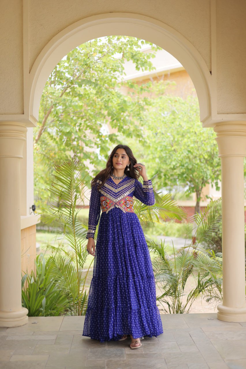 Royal Blue Kutchi Patchwork Laheriya Print Gown | 12 Meter Flair | Navratri 2026
