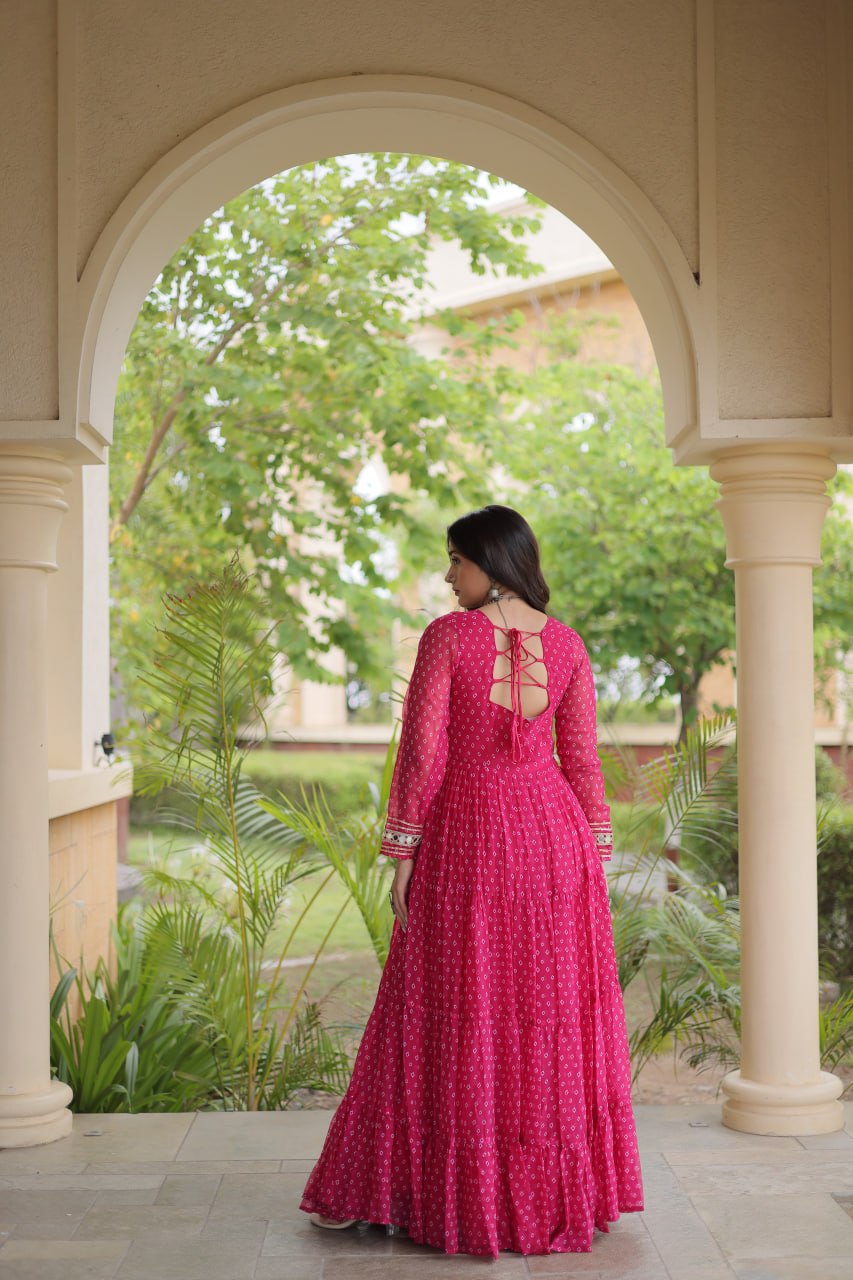 Rani Pink Kutchi Patchwork Laheriya Gown | 12 Meter Flair | Navratri 2026