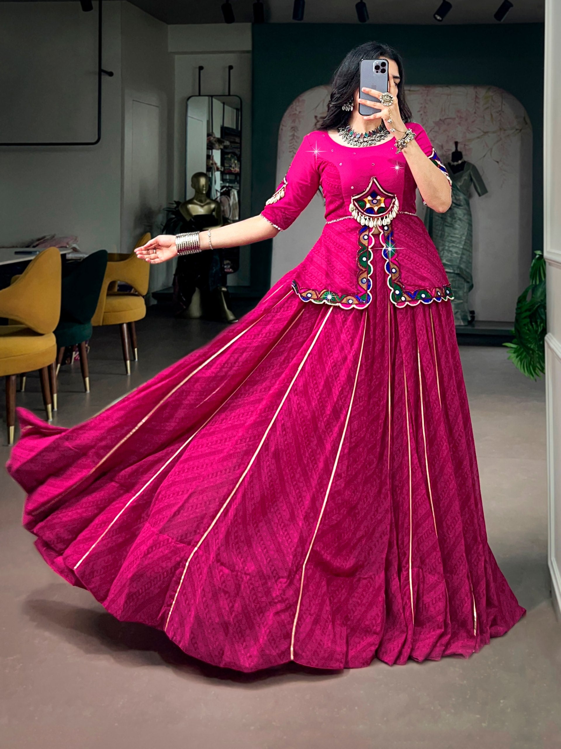Rani Pink Gamthi Mirror Work Navratri Lehenga Choli Set