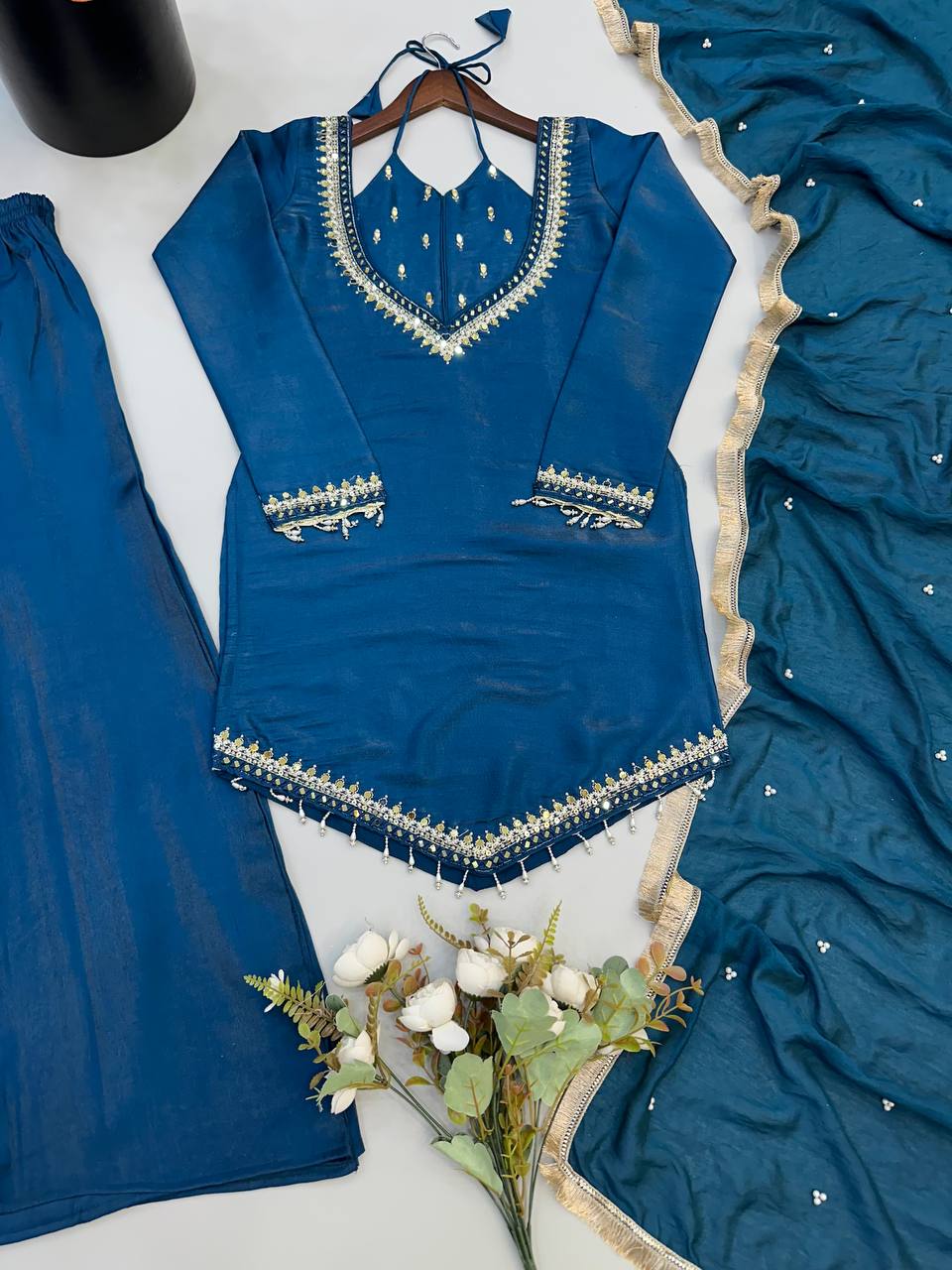 Blue Roman Glass Mirror Work Palazzo Suit with Chanderi Dupatta