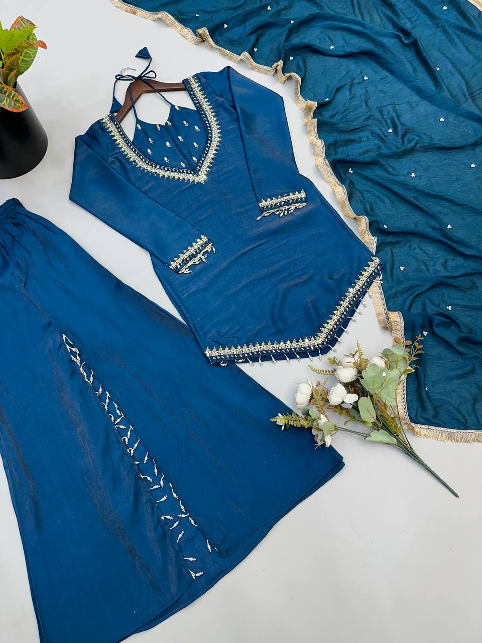 Blue Roman Glass Mirror Work Palazzo Suit with Chanderi Dupatta