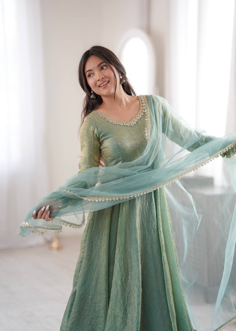 Sage Green Doremon Crush Gown Set with Real Mirror Work Lace & Net Dupatta