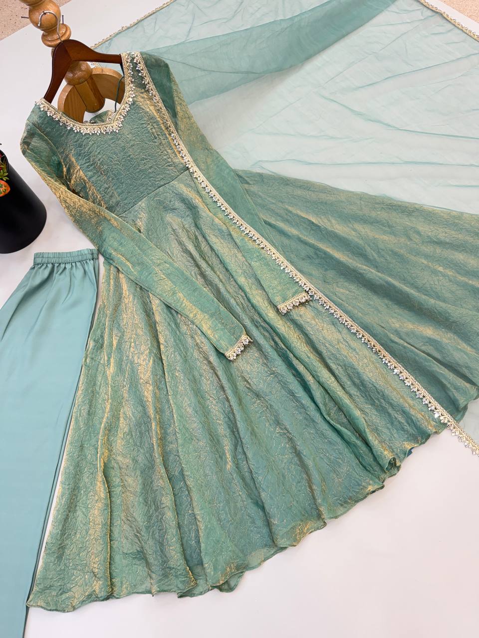 Sage Green Doremon Crush Gown Set with Real Mirror Work Lace & Net Dupatta