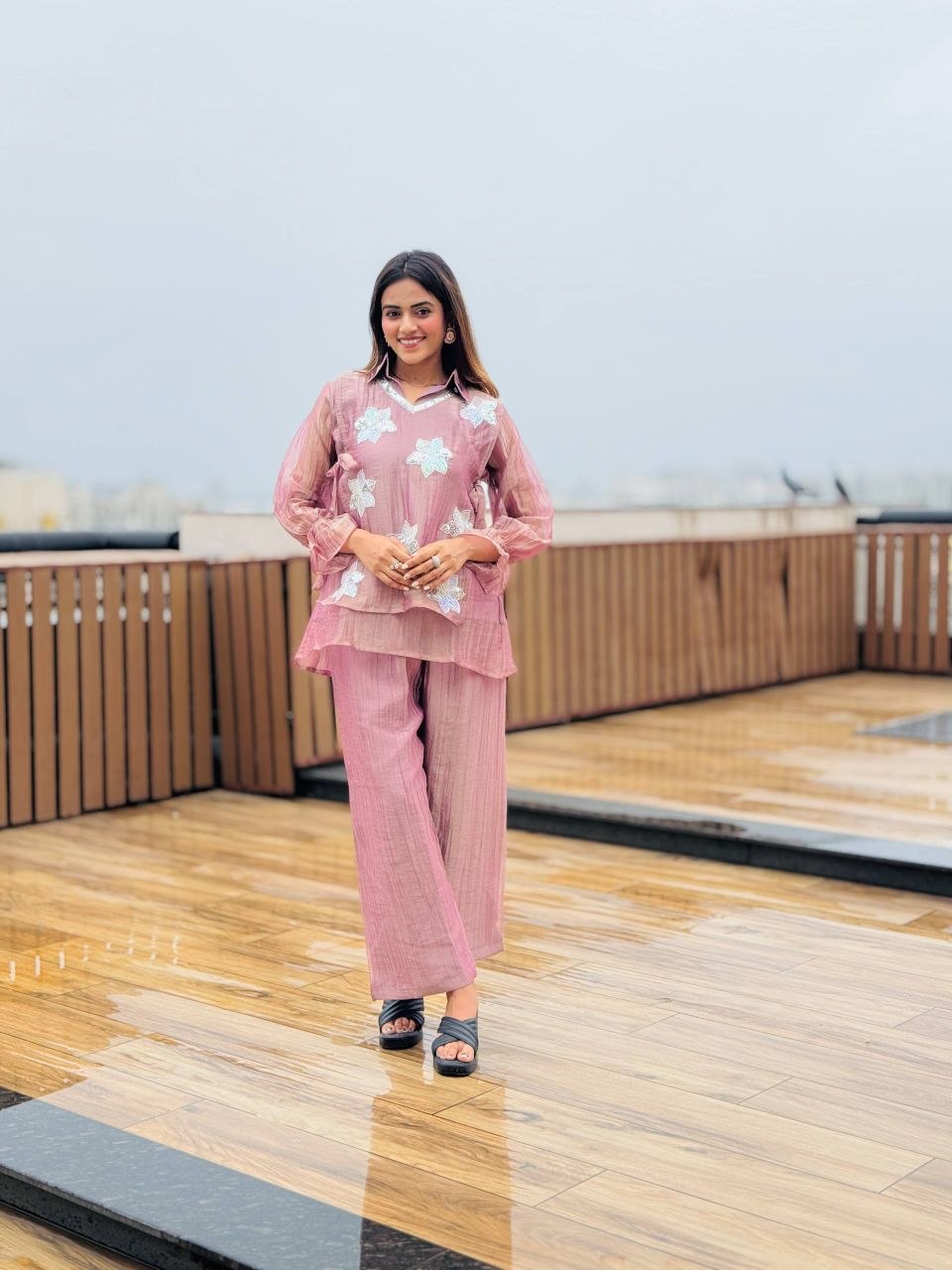 Dusty Rose Pink Rich Salsa Embroidered Co-Ord Set with Designer Palazzo