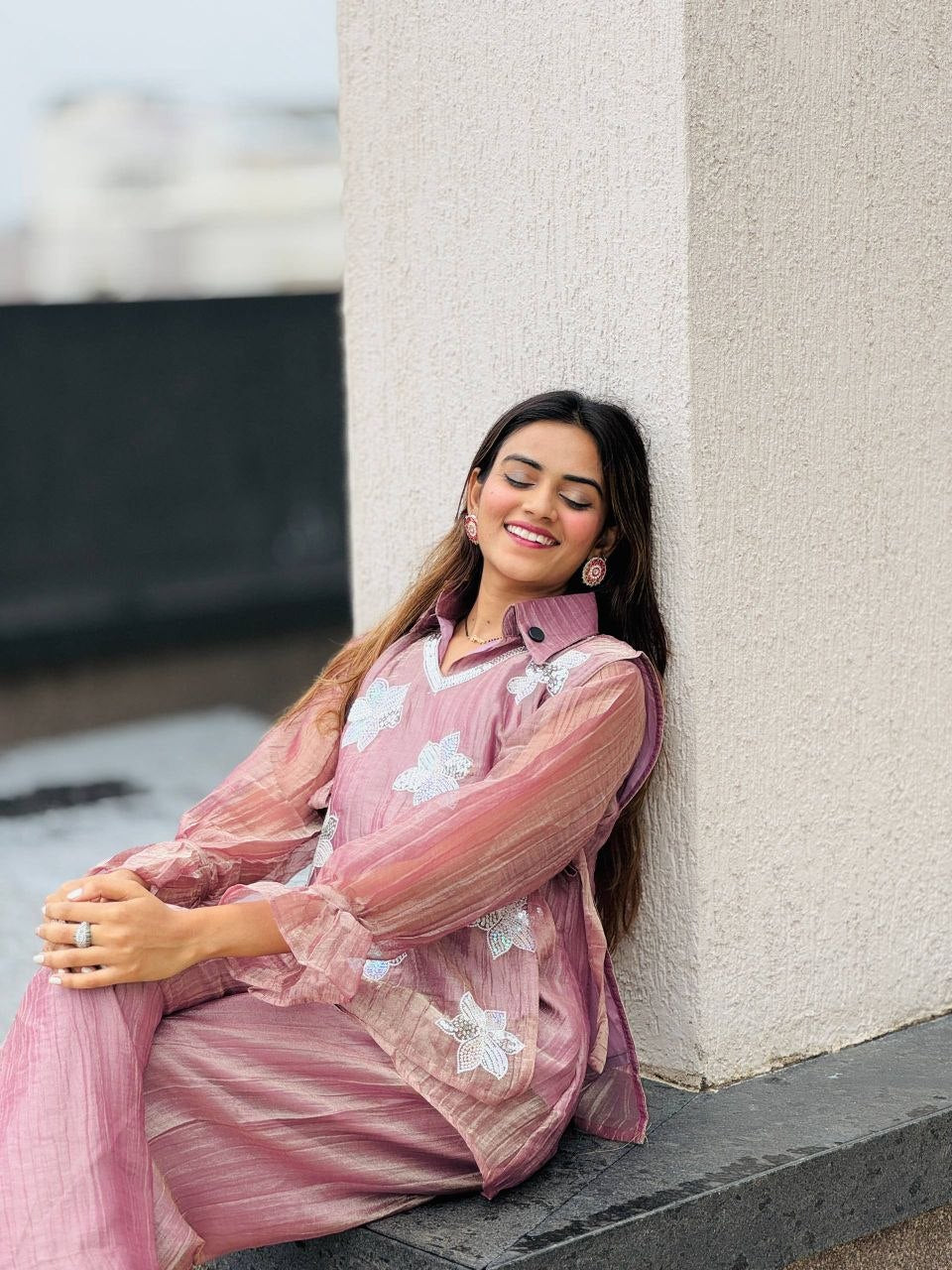 Dusty Rose Pink Rich Salsa Embroidered Co-Ord Set with Designer Palazzo