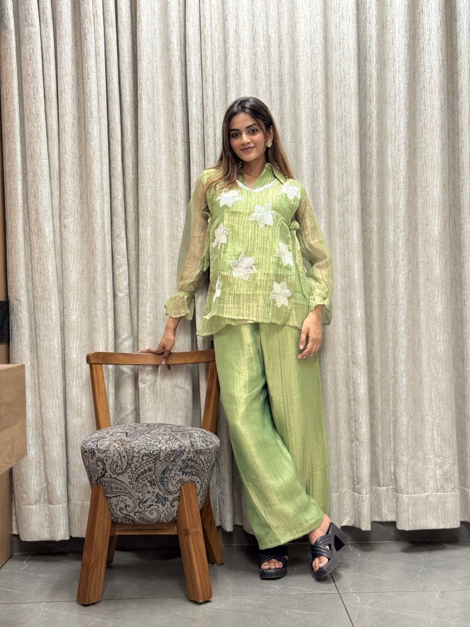Pistachio Green Rich Salsa Embroidered Co-Ord Set with Designer Palazzo