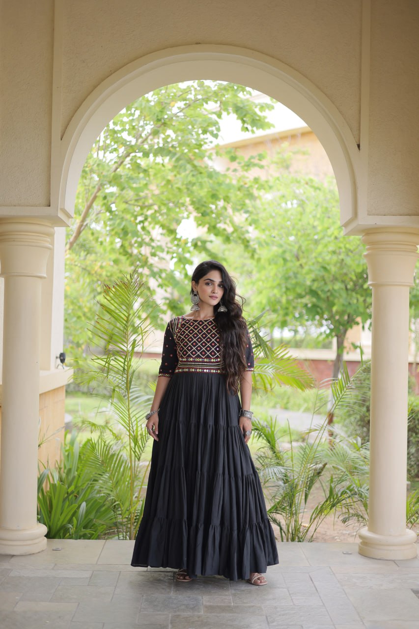 Black Kora Cotton Multi-Thread Embroidered Gota Patti Mirror Work Navratri Gown
