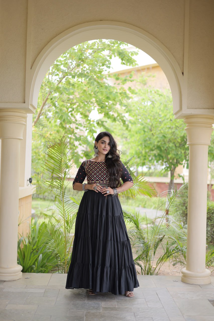 Black Kora Cotton Multi-Thread Embroidered Gota Patti Mirror Work Navratri Gown