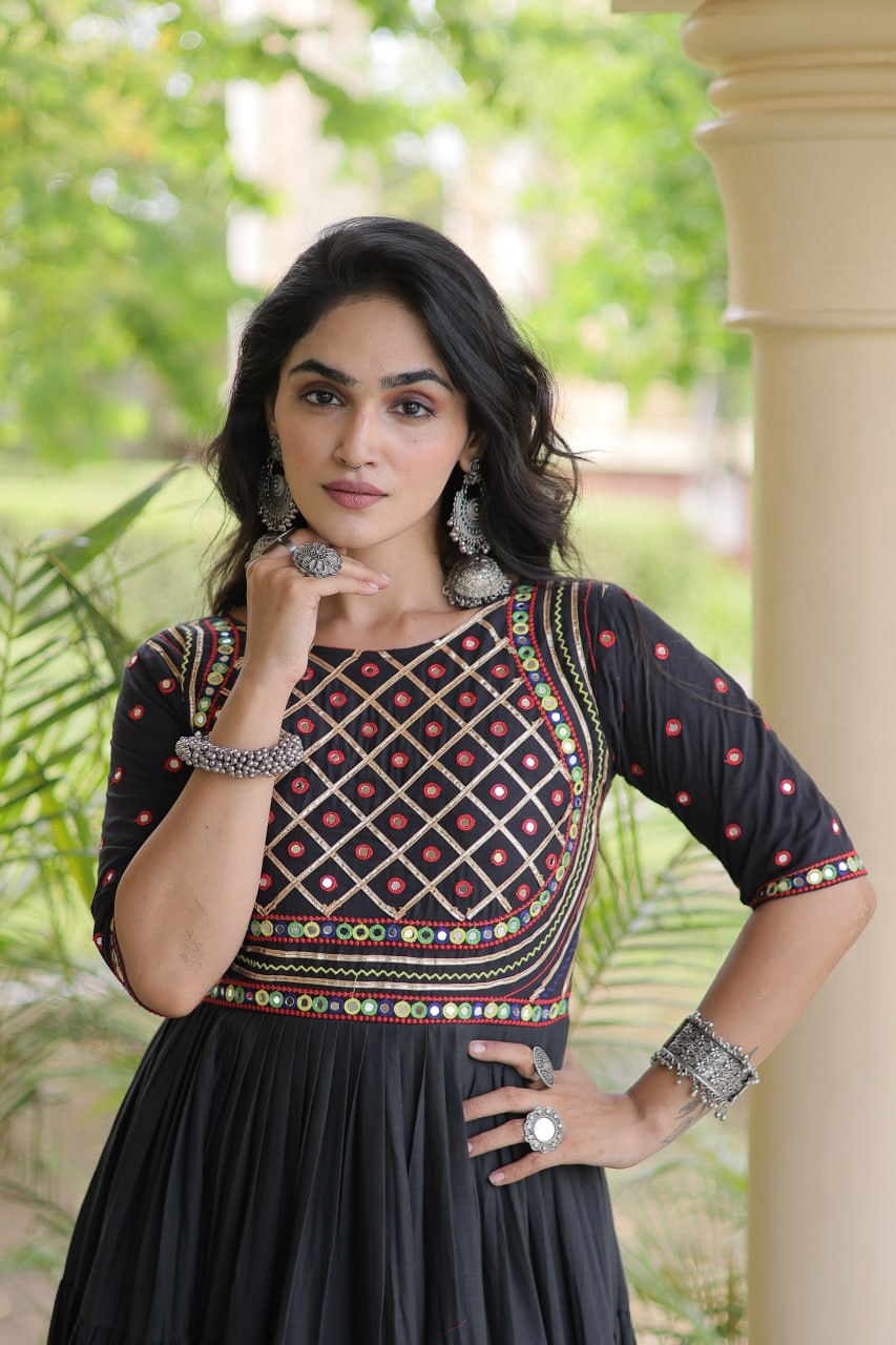 Black Kora Cotton Multi-Thread Embroidered Gota Patti Mirror Work Navratri Gown