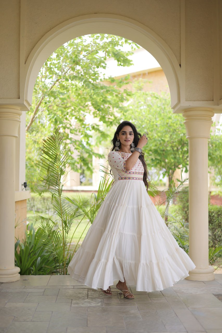 Off-White Kora Cotton Multi-Thread Embroidered Gota Patti Mirror Work Navratri Gown