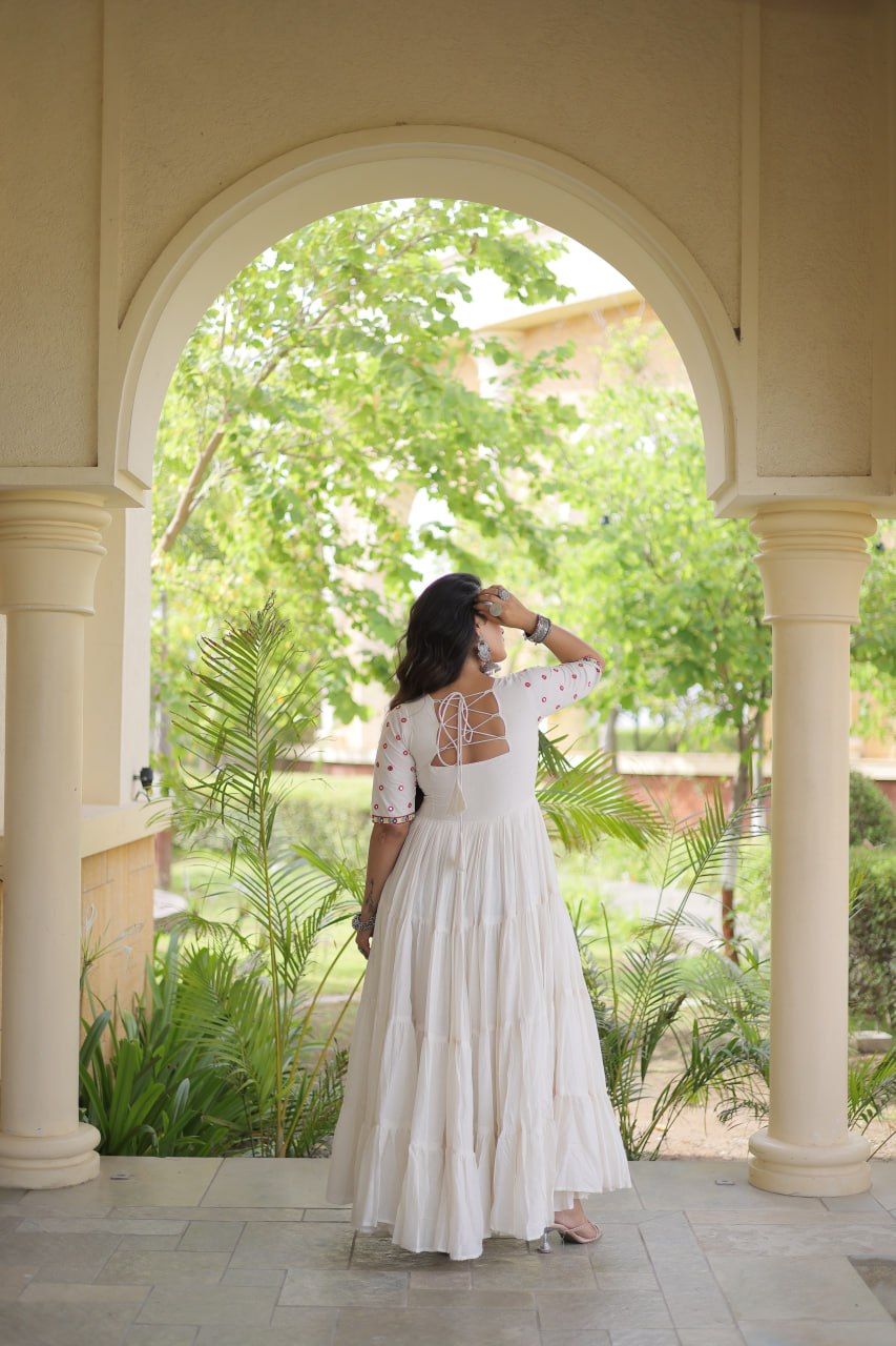 Off-White Kora Cotton Multi-Thread Embroidered Gota Patti Mirror Work Navratri Gown