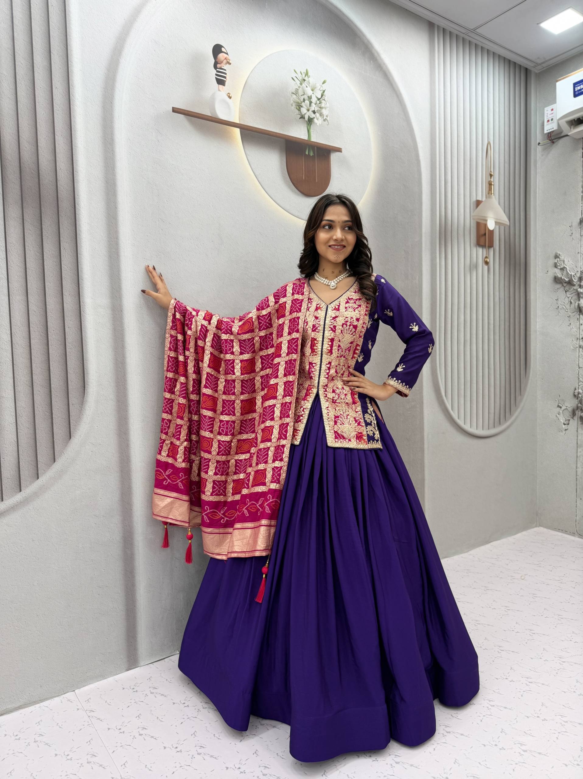 Royal Purple & Magenta Embroidered Chinon Silk Lehenga Choli Set with Zecard Dupatta