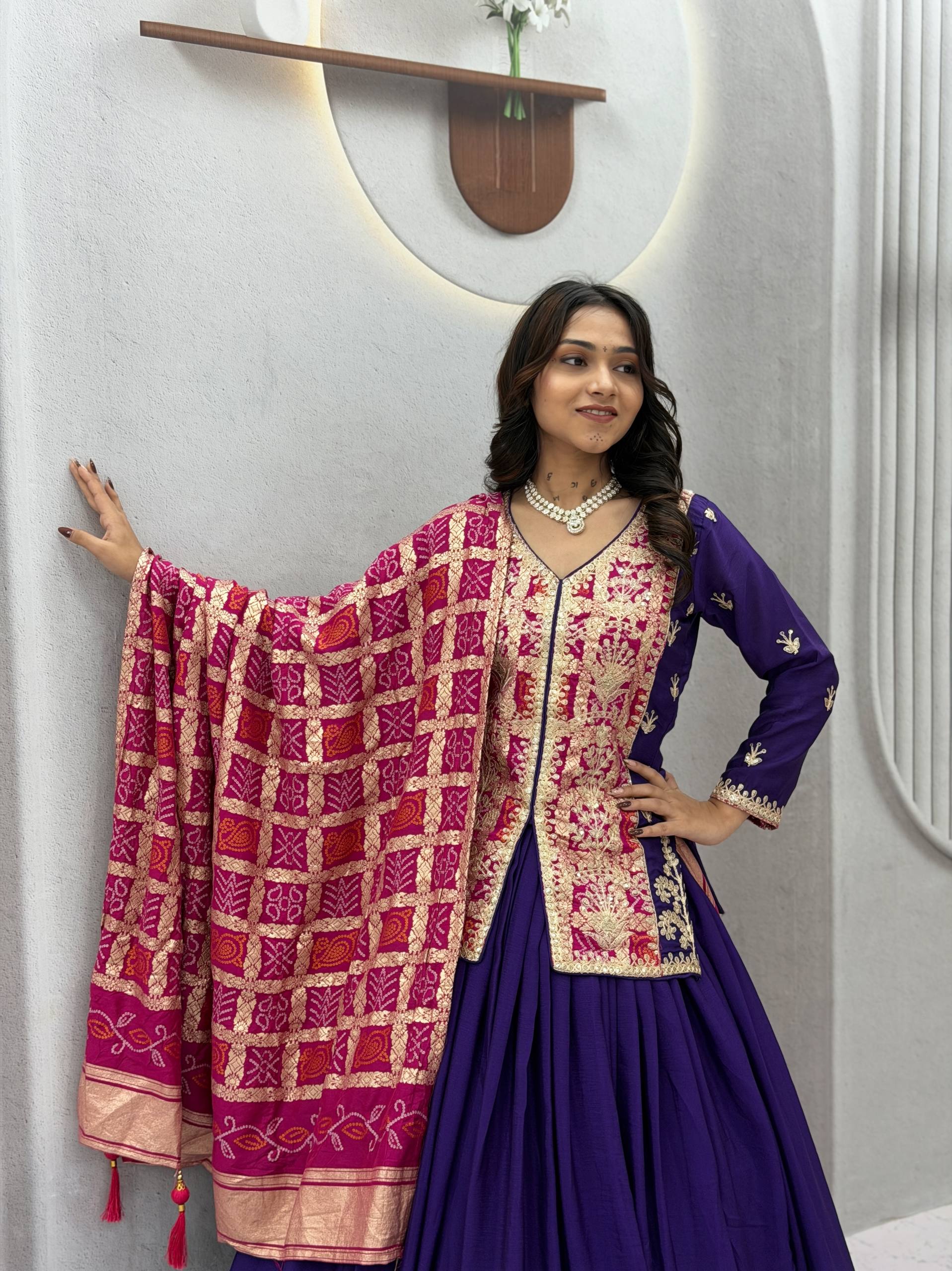 Royal Purple & Magenta Embroidered Chinon Silk Lehenga Choli Set with Zecard Dupatta