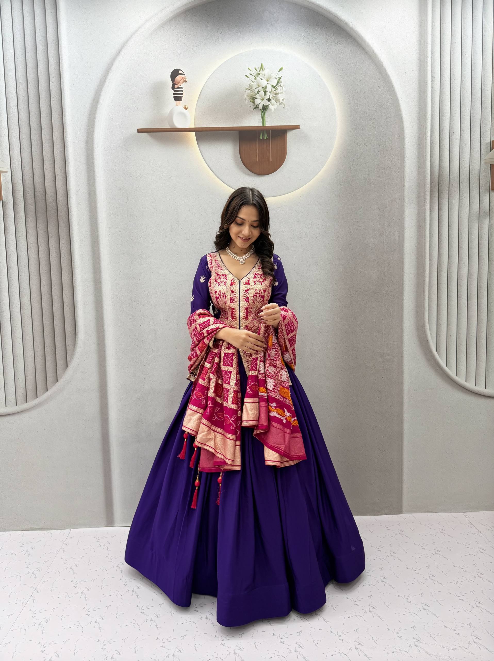Royal Purple & Magenta Embroidered Chinon Silk Lehenga Choli Set with Zecard Dupatta