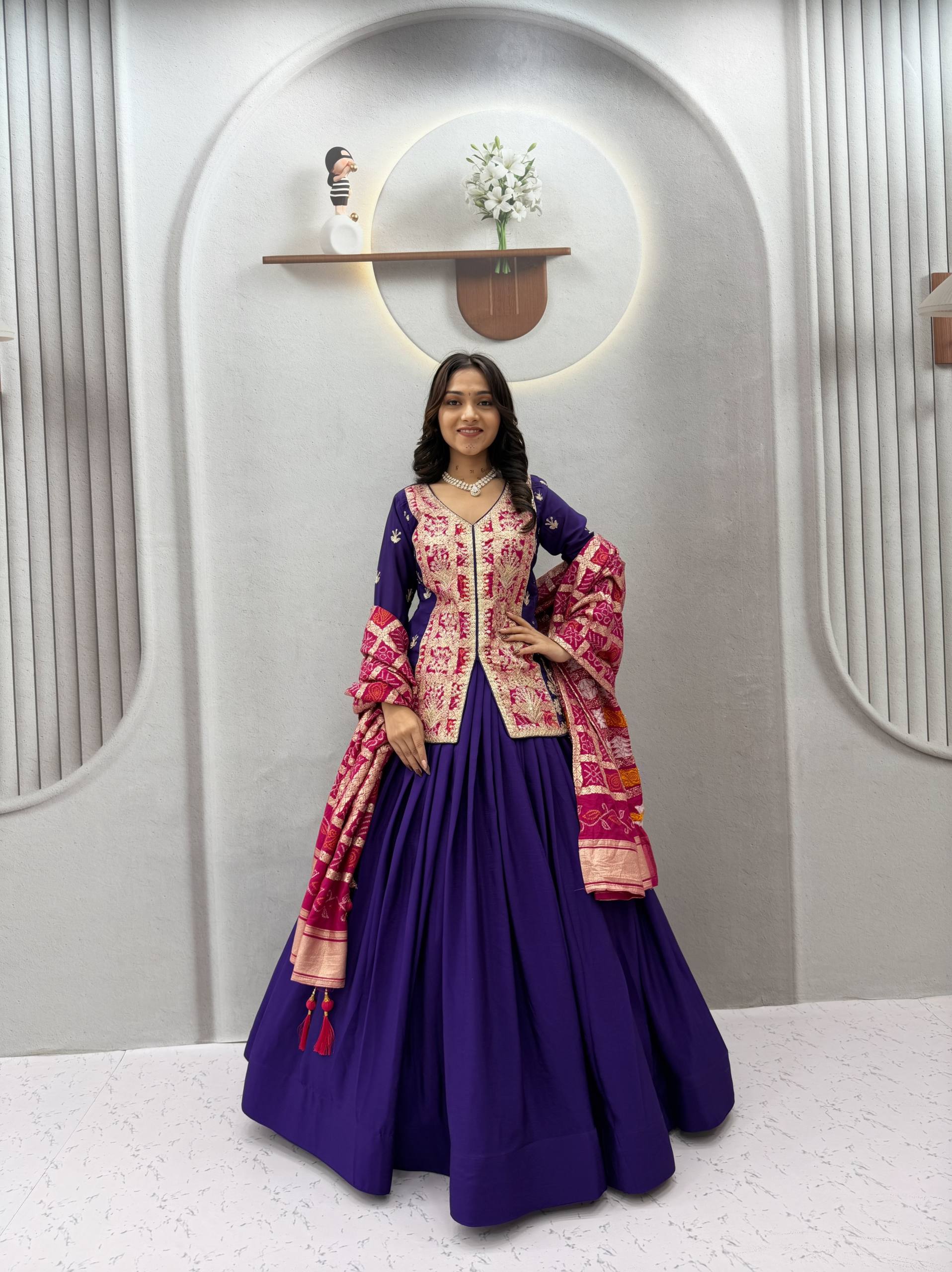 Royal Purple & Magenta Embroidered Chinon Silk Lehenga Choli Set with Zecard Dupatta