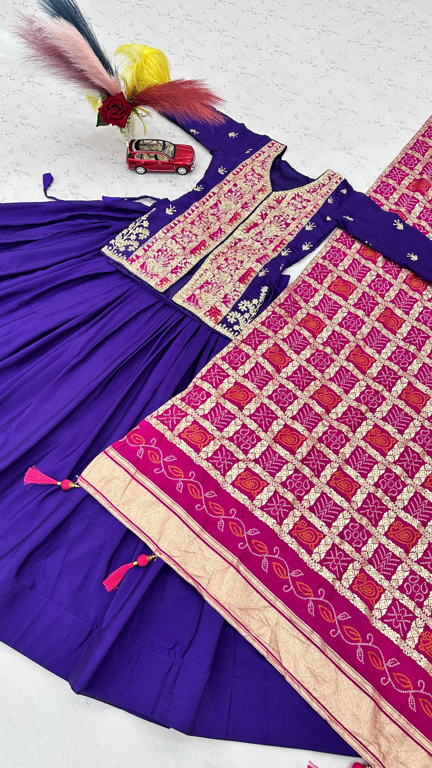 Royal Purple & Magenta Embroidered Chinon Silk Lehenga Choli Set with Zecard Dupatta