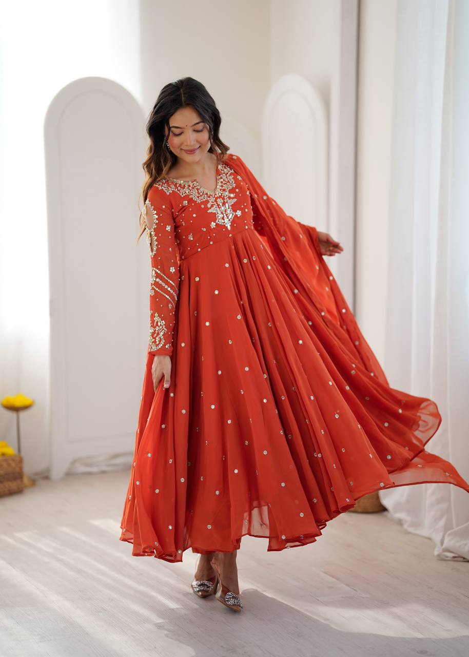 Burnt Orange Designer Faux Georgette Anarkali Gown Set with Embroidery