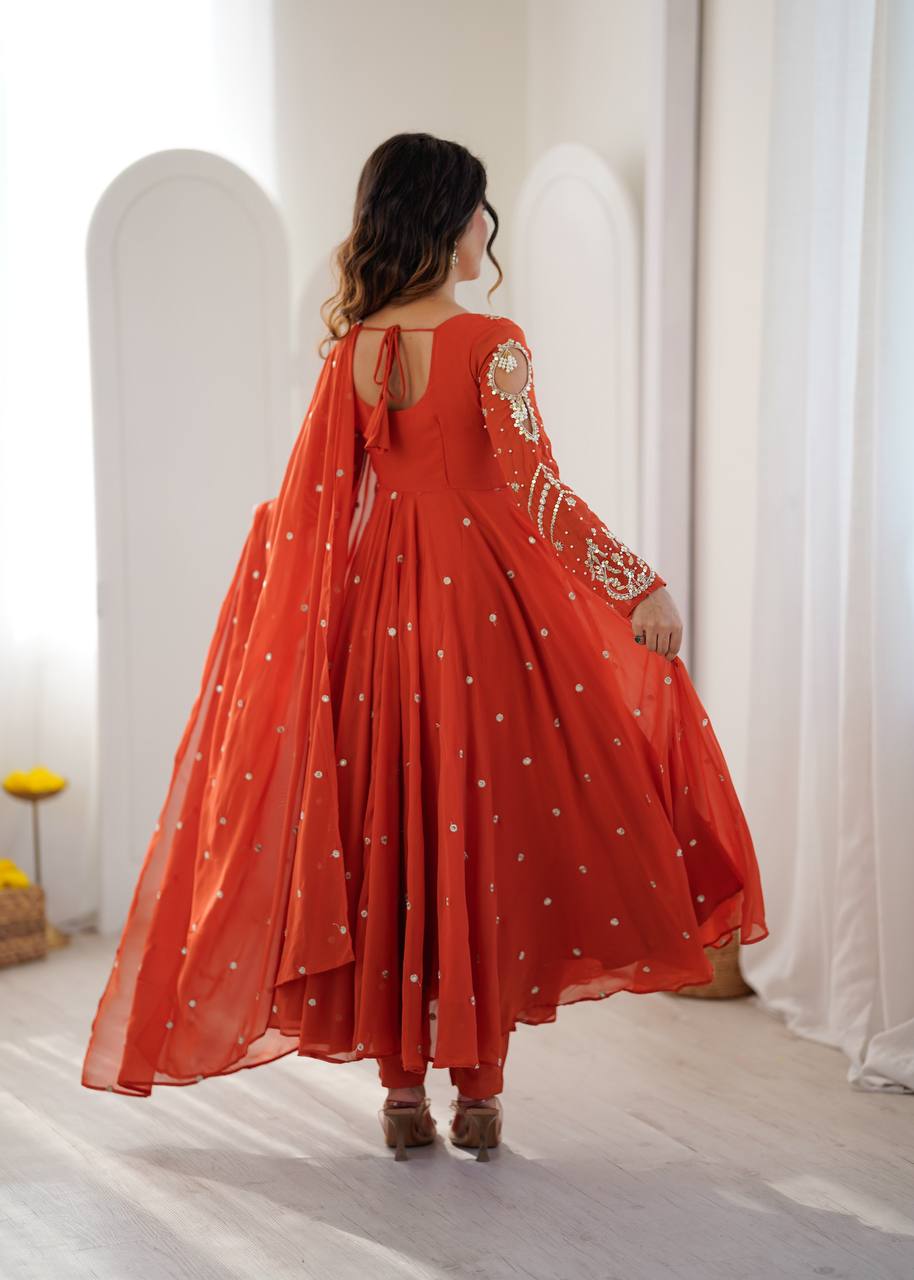 Burnt Orange Designer Faux Georgette Anarkali Gown Set with Embroidery